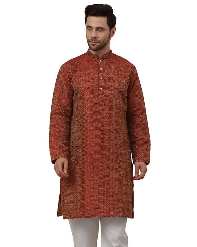 KRAFT INDIA Men's Silk Blend Jacquard Bandhani Maroon Kurta Only (Size- Large)