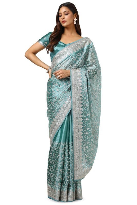 Soch Womens Teal Organza Embroidered Saree With Stone Work