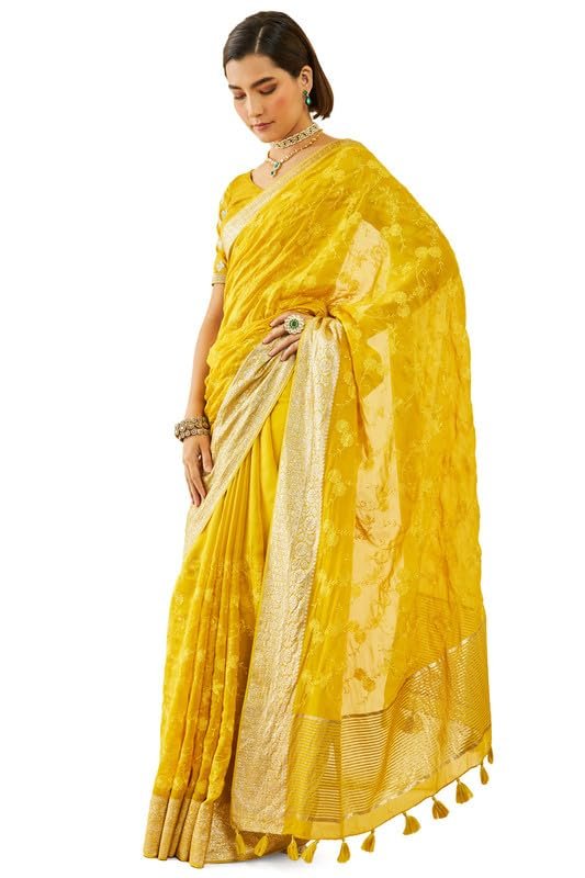 Soch Womens Yellow Organza Embroidered Saree with Thread Work(8907175714638) - Image 6