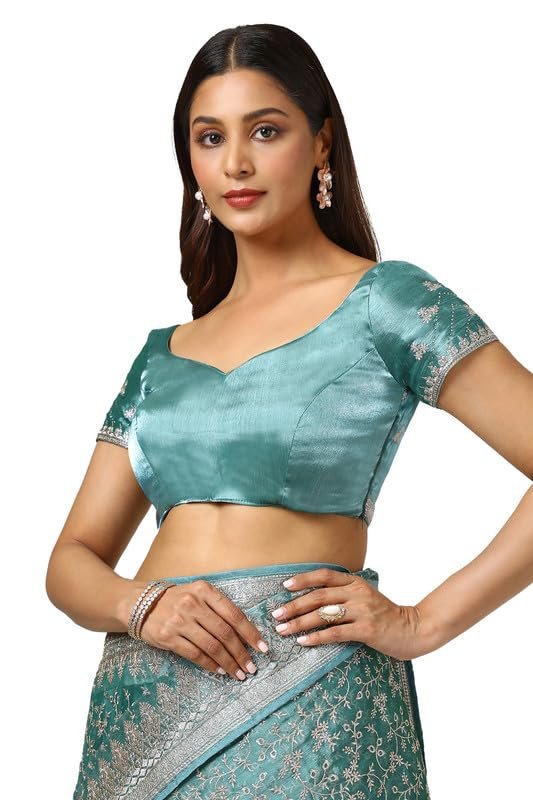 Soch Womens Teal Organza Embroidered Saree With Stone Work - Image 3