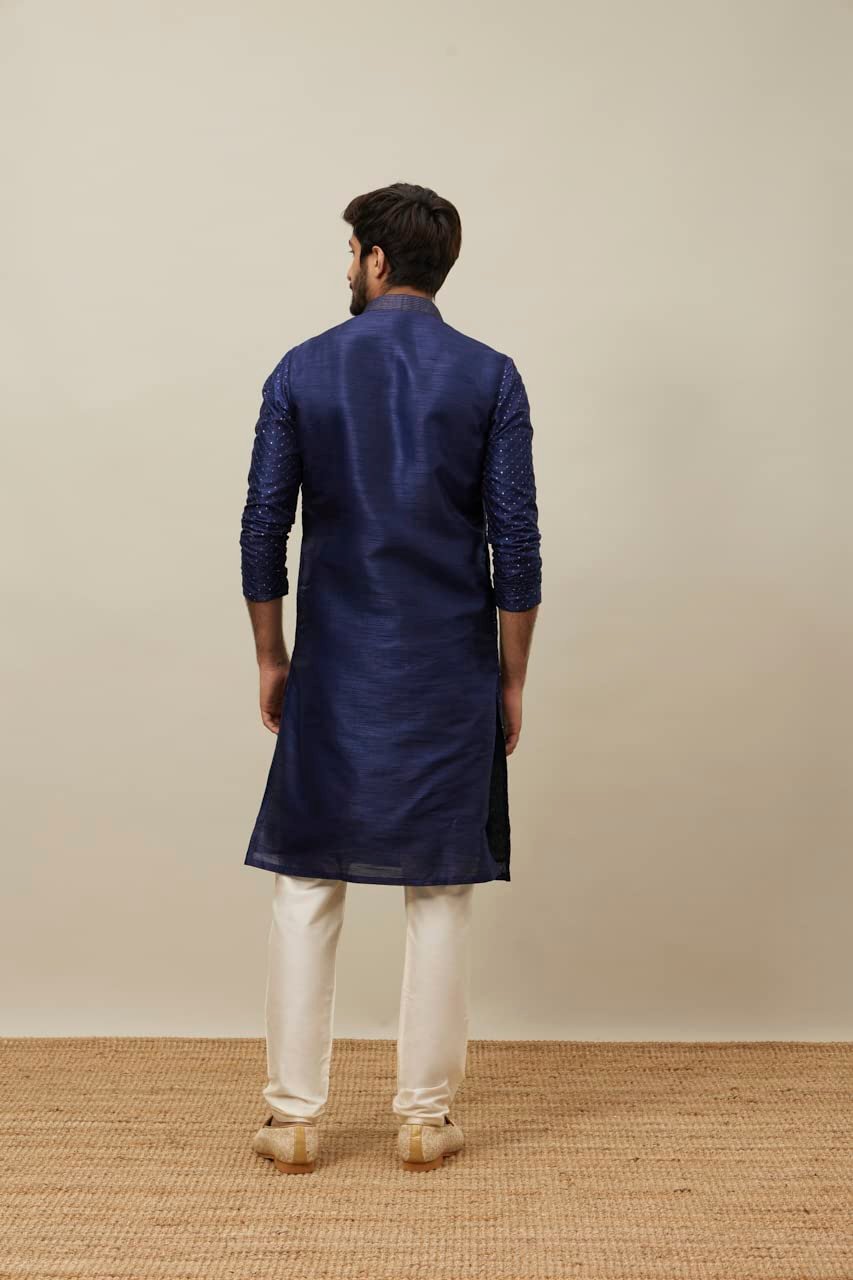 Manyavar Men's Midnight Sapphire Blue Self Patterned Kurta Set (Blue,M) - Image 6