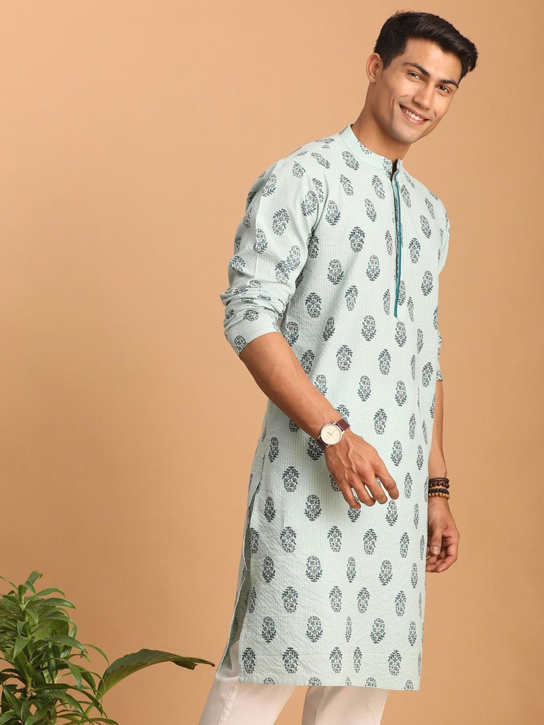 Shvaas By Vastramay Men's Aqua Cotton Knee Length Kurta - L_VSHVMK195_40 - Image 6