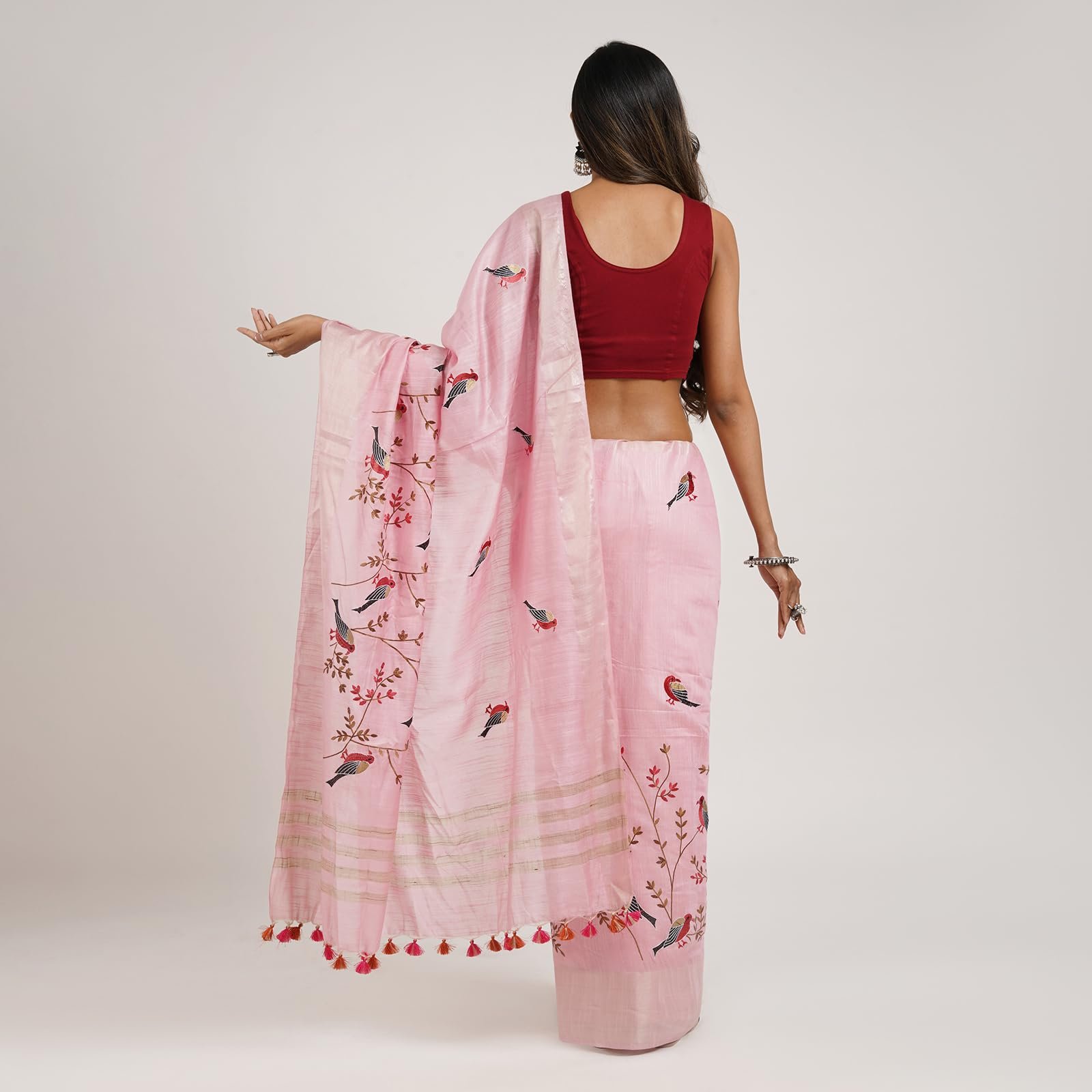 TEEJH Amolika Pink Pure Silk Linen Saree With Blouse Piece - Image 5