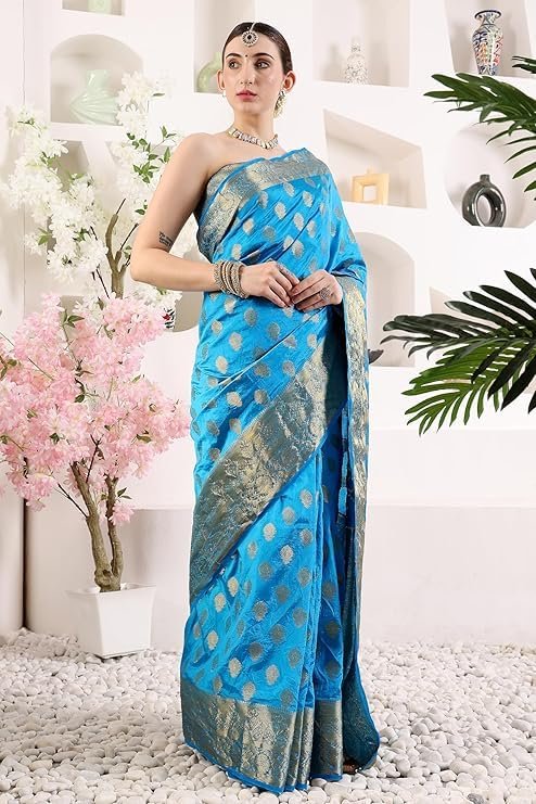 Simnder Women's Banarasi Silk Blue Leaf Print Saree With Golden Zari Work With Blouse Piece | Banarasi Wedding Silk Saree For Women | Bridal Sarees (Blue, Leaf Print) - Image 7