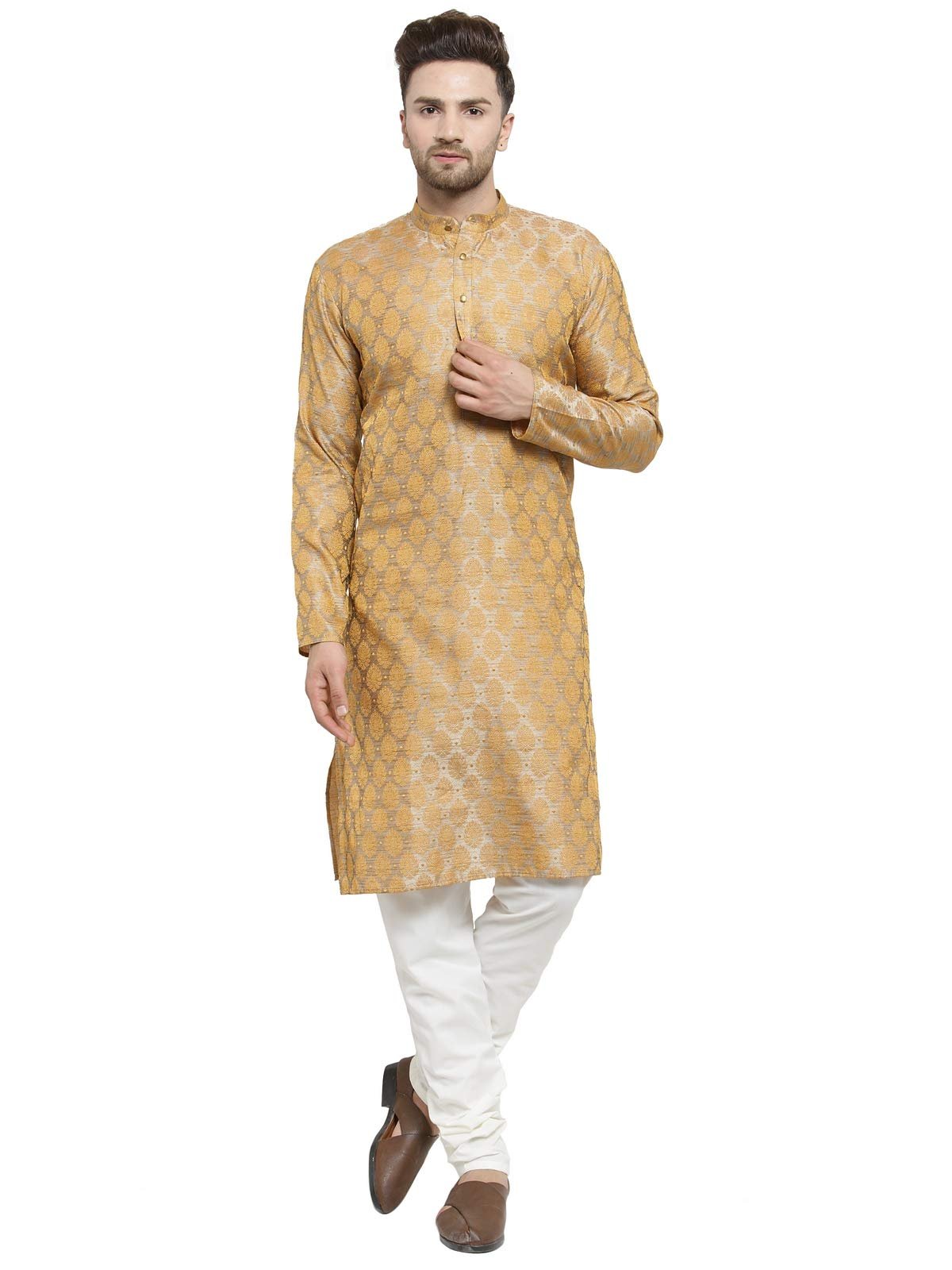 Jompers Men's Jacquard Silk Kurta and Pyjama(Silver,M)