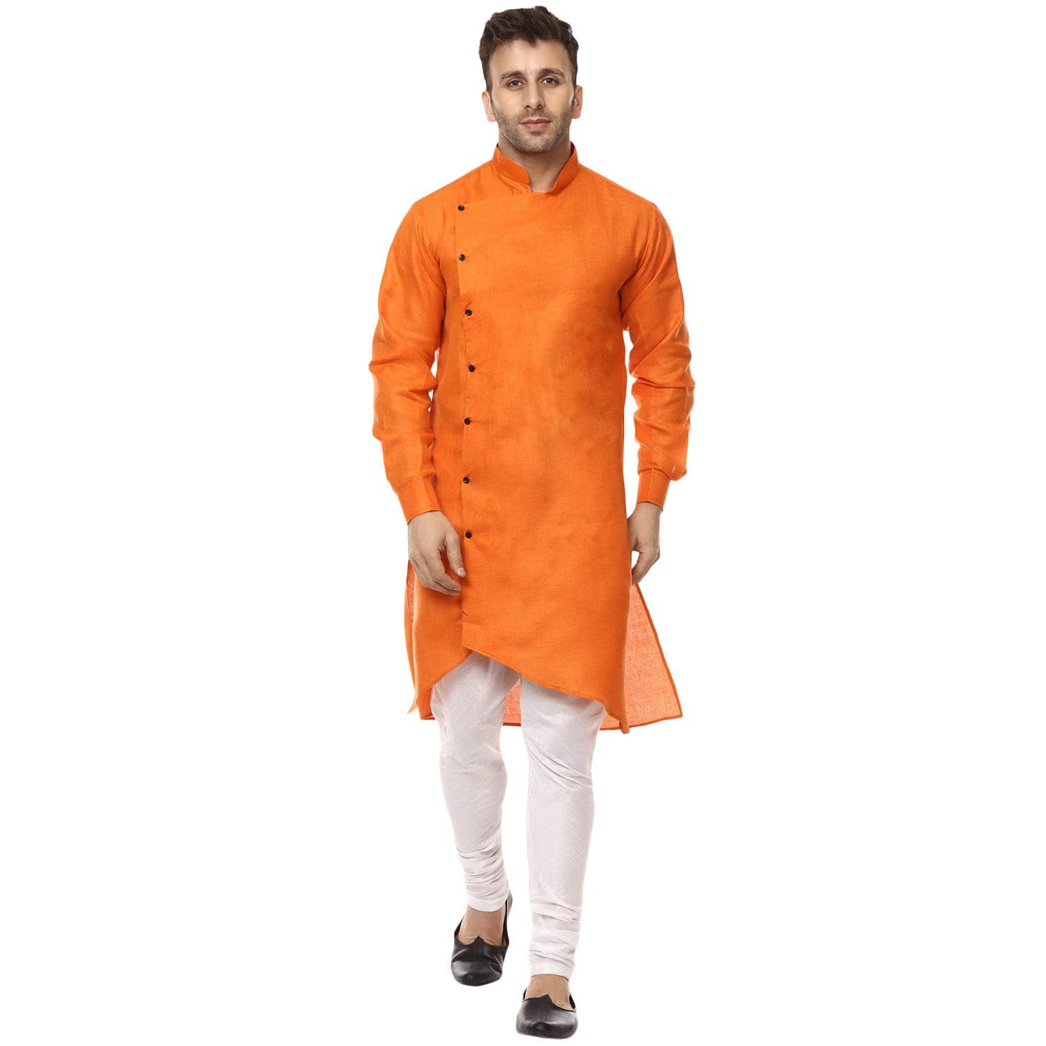 Royal Kurta Mens Cotton Angrakha Side Cut Kurta Pyjama Set (40, Orange)
