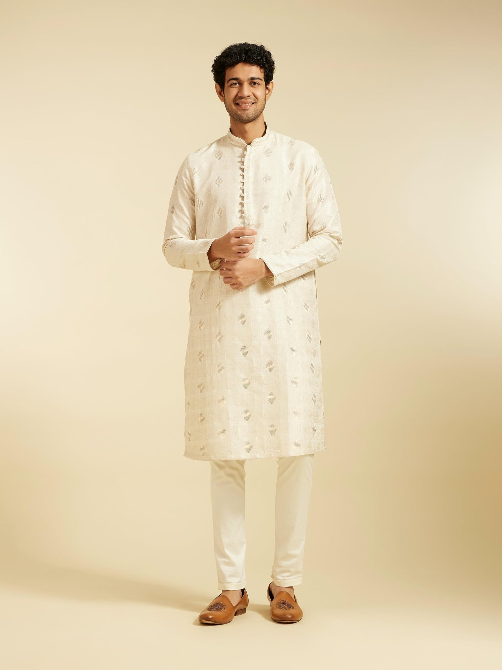 DIWAS BY MANYAVAR Men's Brocade | Jacquard Weave Kurta (Cream,XXXL) - Image 6
