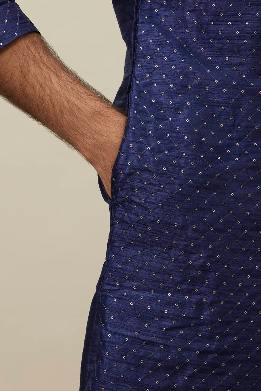 Manyavar Men's Midnight Sapphire Blue Self Patterned Kurta Set (Blue,M) - Image 4