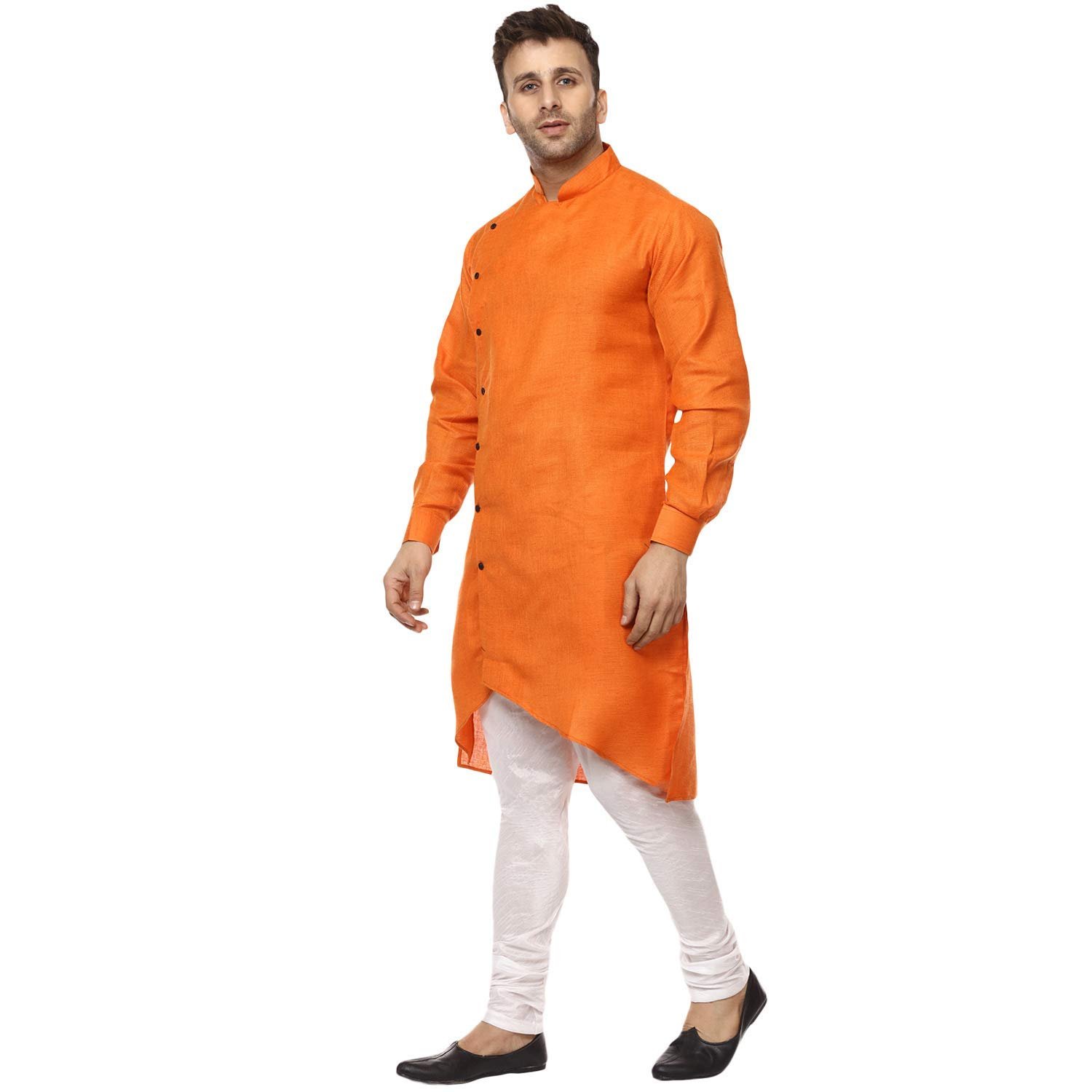 Royal Kurta Mens Cotton Angrakha Side Cut Kurta Pyjama Set (40, Orange) - Image 4