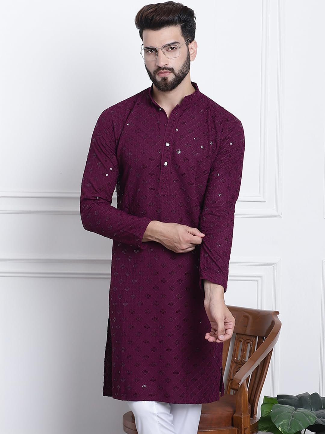 SOJANYA (Since 1958 Men's Pure Cotton Purple Sequence Only Long Kurta - Image 7