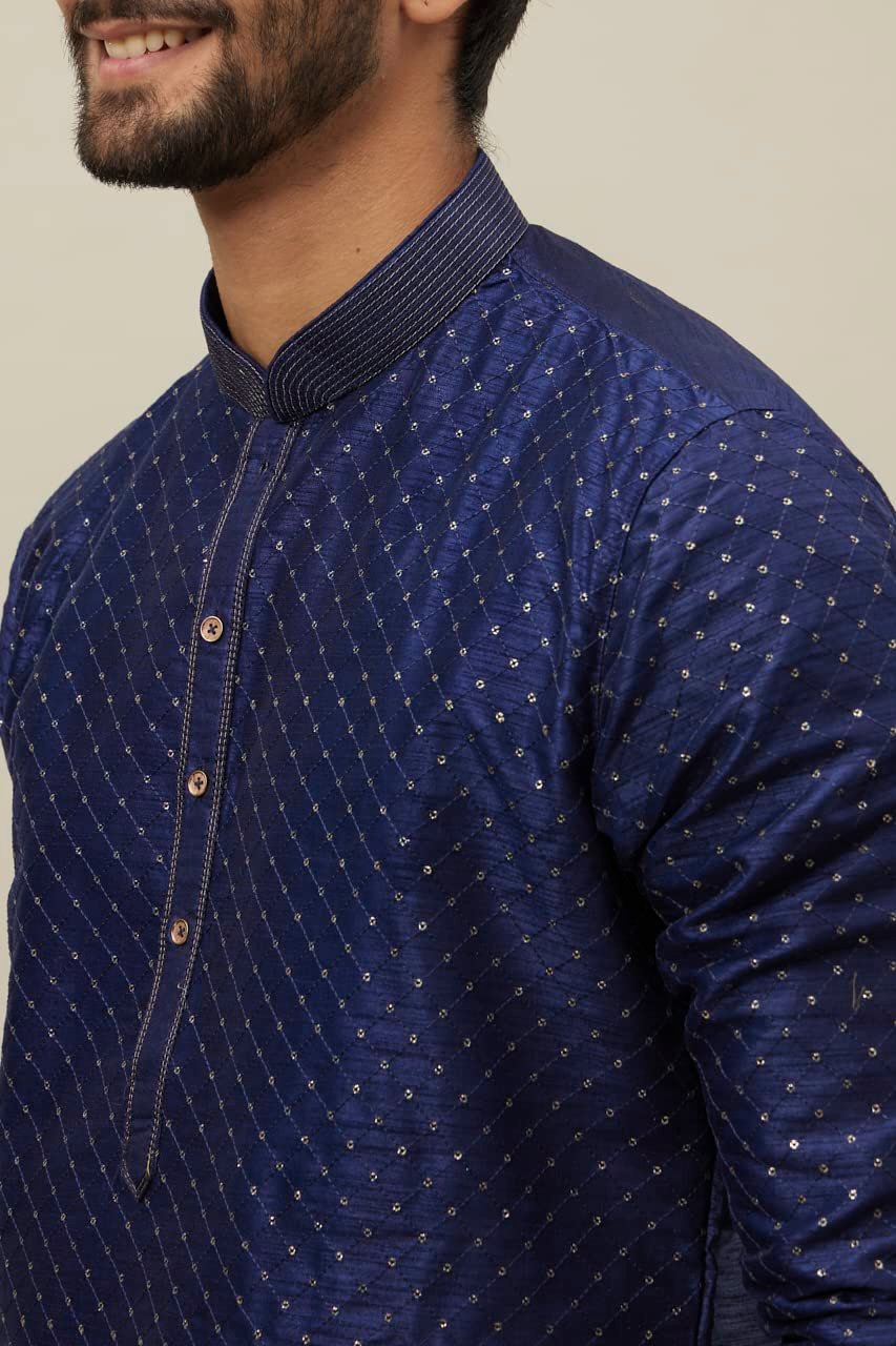 Manyavar Men's Midnight Sapphire Blue Self Patterned Kurta Set (Blue,M) - Image 5