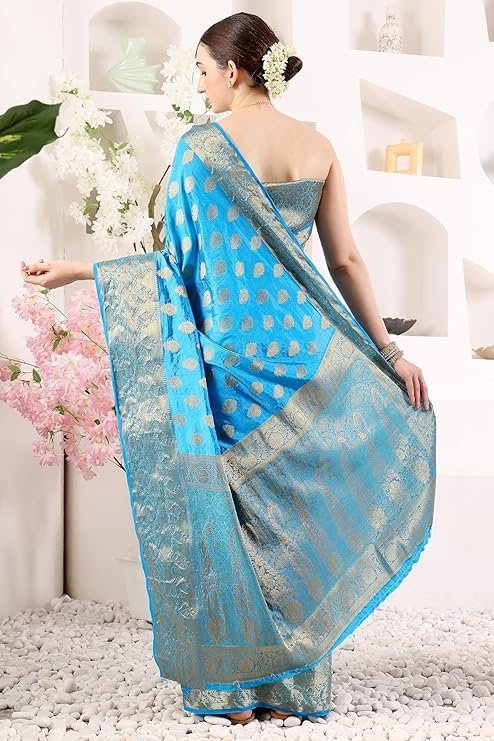 Simnder Women's Banarasi Silk Blue Leaf Print Saree With Golden Zari Work With Blouse Piece | Banarasi Wedding Silk Saree For Women | Bridal Sarees (Blue, Leaf Print) - Image 6