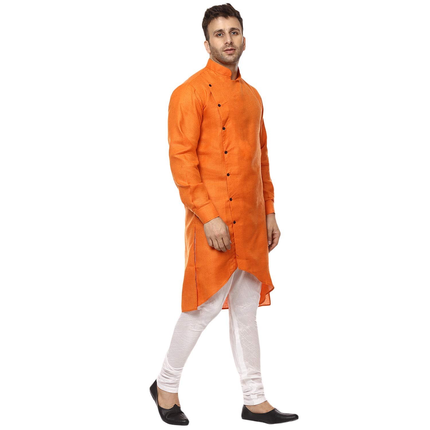 Royal Kurta Mens Cotton Angrakha Side Cut Kurta Pyjama Set (40, Orange) - Image 3