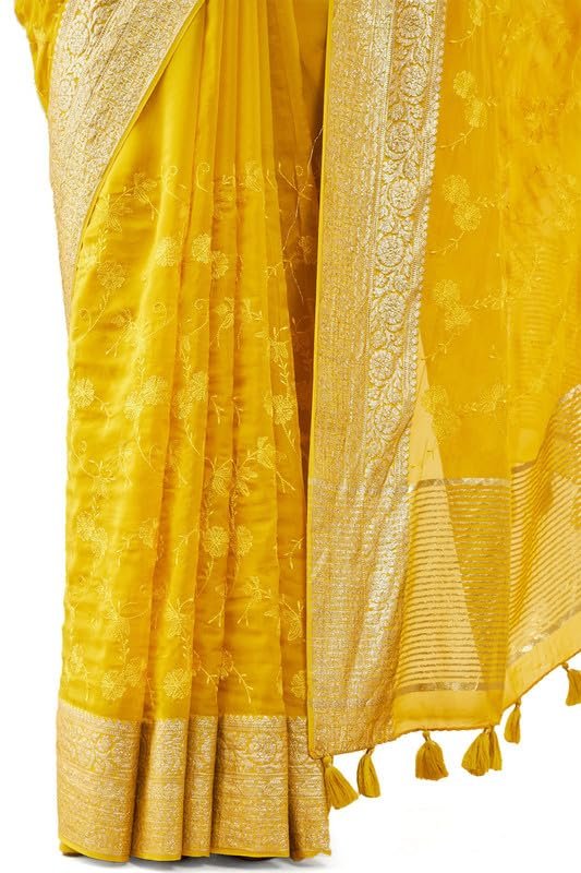 Soch Womens Yellow Organza Embroidered Saree with Thread Work(8907175714638) - Image 2