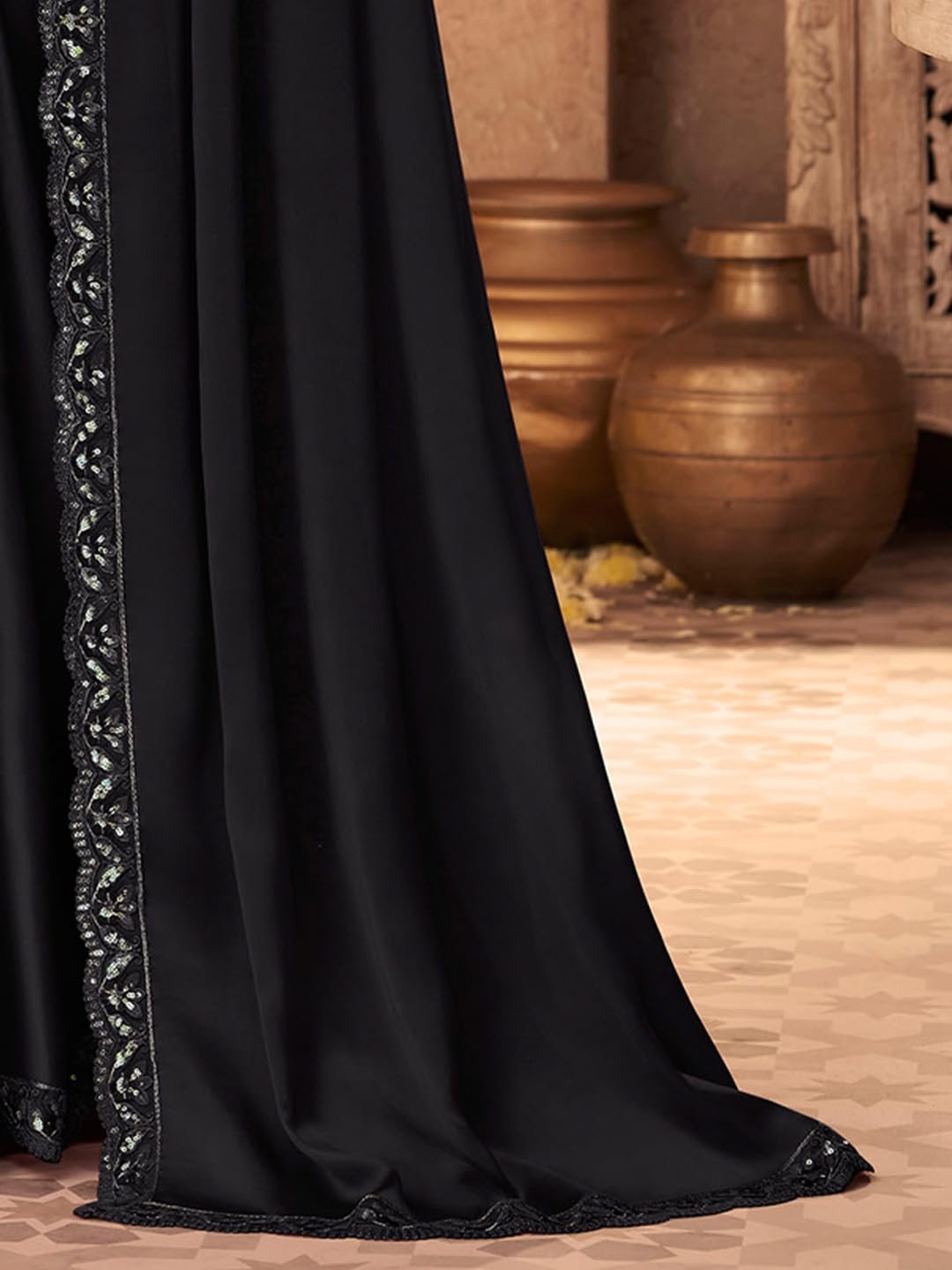 AKHILAM Women's Black Pure Chiffon Embroidered Saree With Unstitched Blouse (SILVER902I_TFH) - Image 3