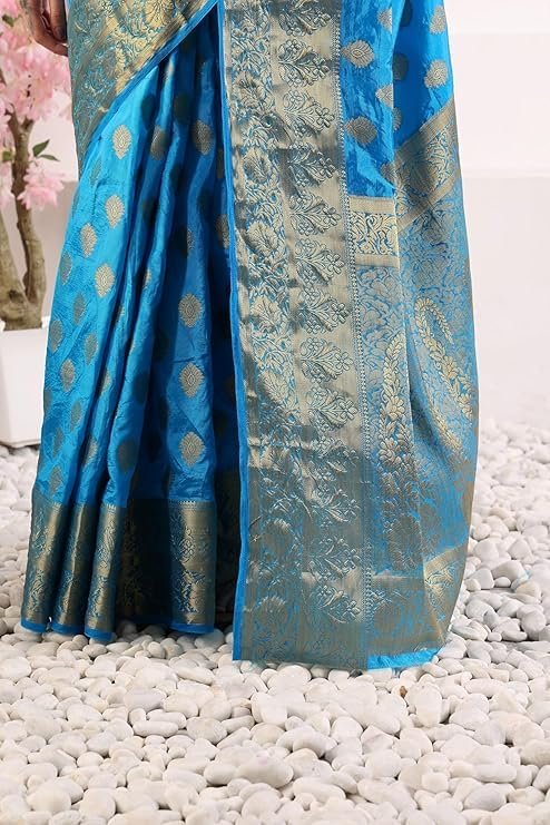 Simnder Women's Banarasi Silk Blue Leaf Print Saree With Golden Zari Work With Blouse Piece | Banarasi Wedding Silk Saree For Women | Bridal Sarees (Blue, Leaf Print) - Image 3