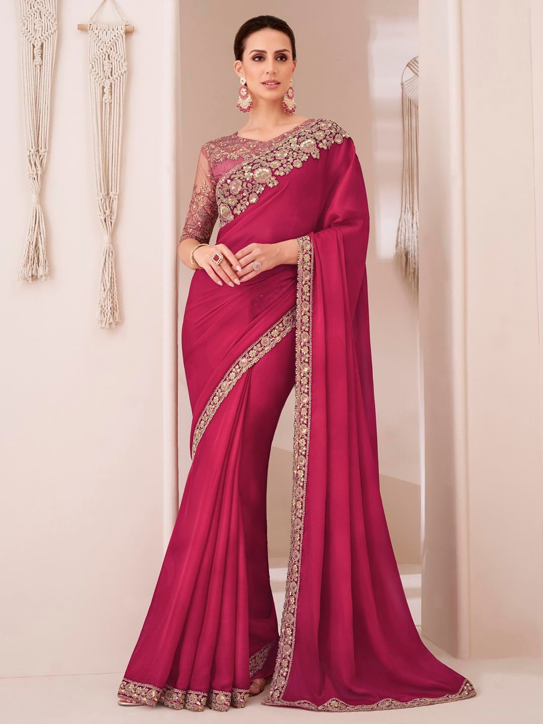 AKHILAM Women's Pink Pure Chiffon Embellished Saree With Unstitched Blouse (SNDLWOD1312_TFH) - Image 5