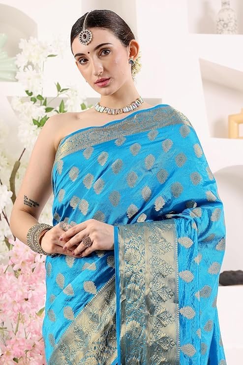 Simnder Women's Banarasi Silk Blue Leaf Print Saree With Golden Zari Work With Blouse Piece | Banarasi Wedding Silk Saree For Women | Bridal Sarees (Blue, Leaf Print) - Image 4