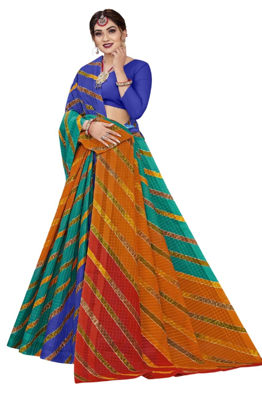 Karishma Sarees Women's Traditional Multicolour Leheriya Design Pattern Printed Pure Cotton Saree (Navy)