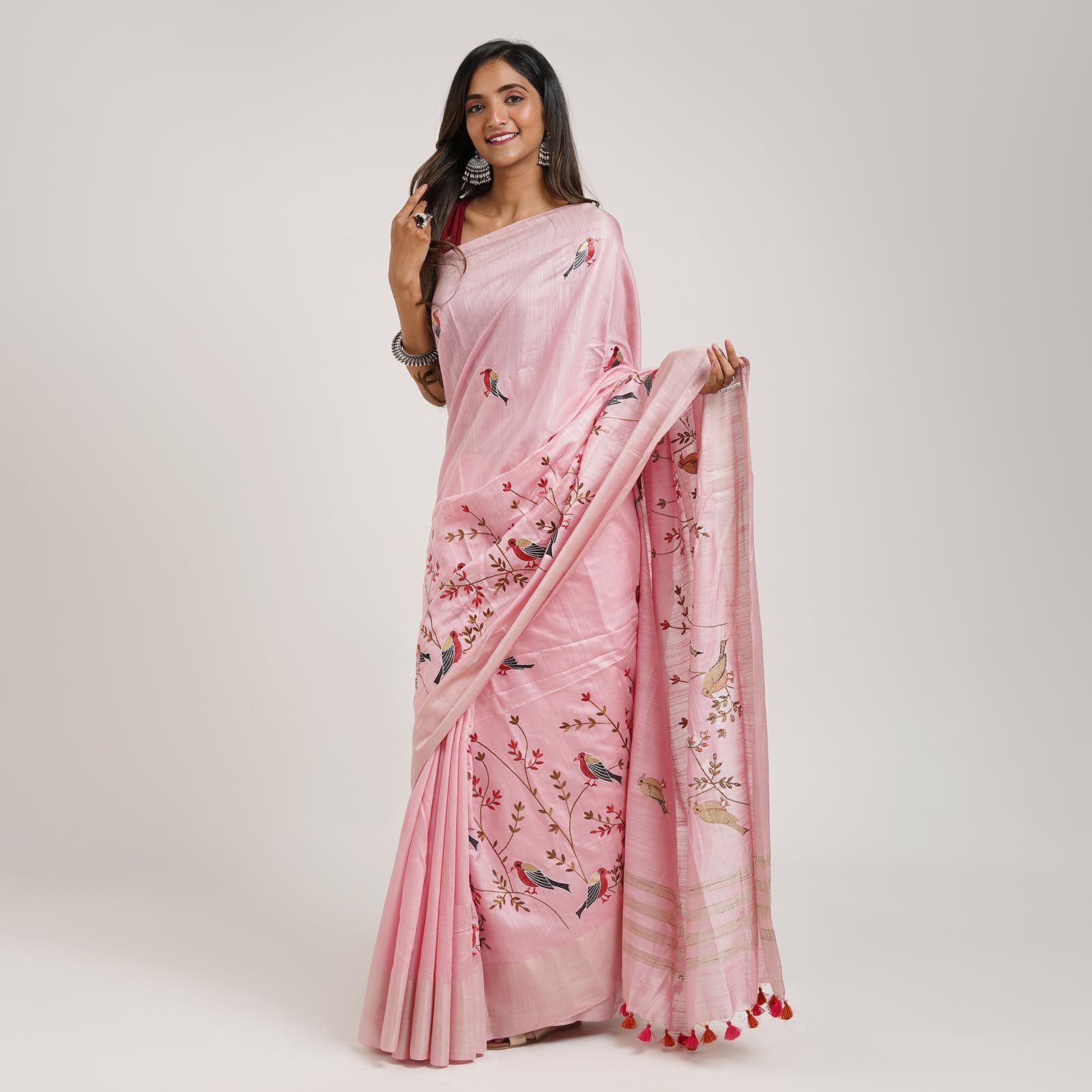 TEEJH Amolika Pink Pure Silk Linen Saree With Blouse Piece - Image 3