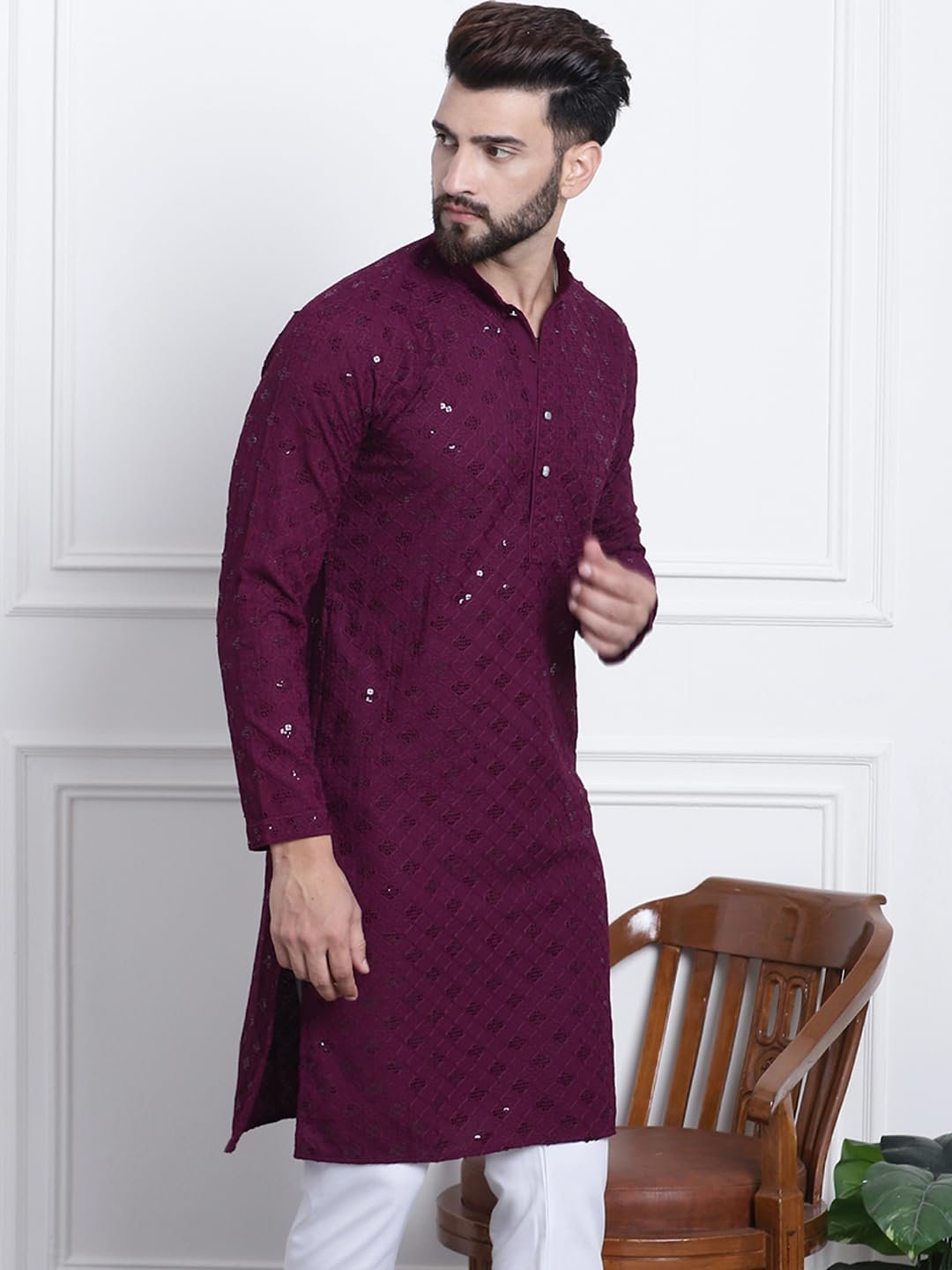 SOJANYA (Since 1958 Men's Pure Cotton Purple Sequence Only Long Kurta - Image 3