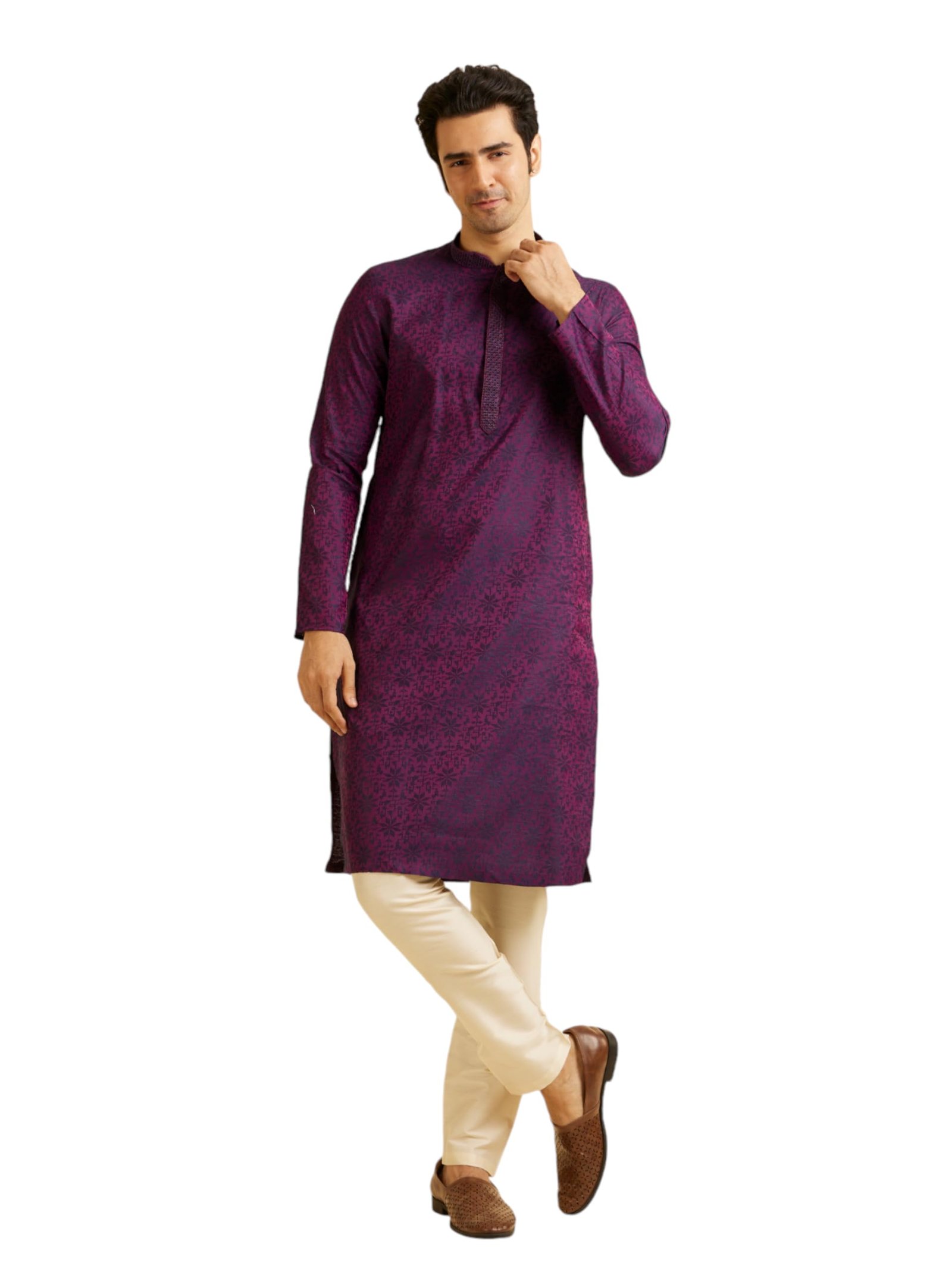 Manyavar Men's Viscose Blend Jacquard Embroidered Kurta Pyjama Set (Purple,M)