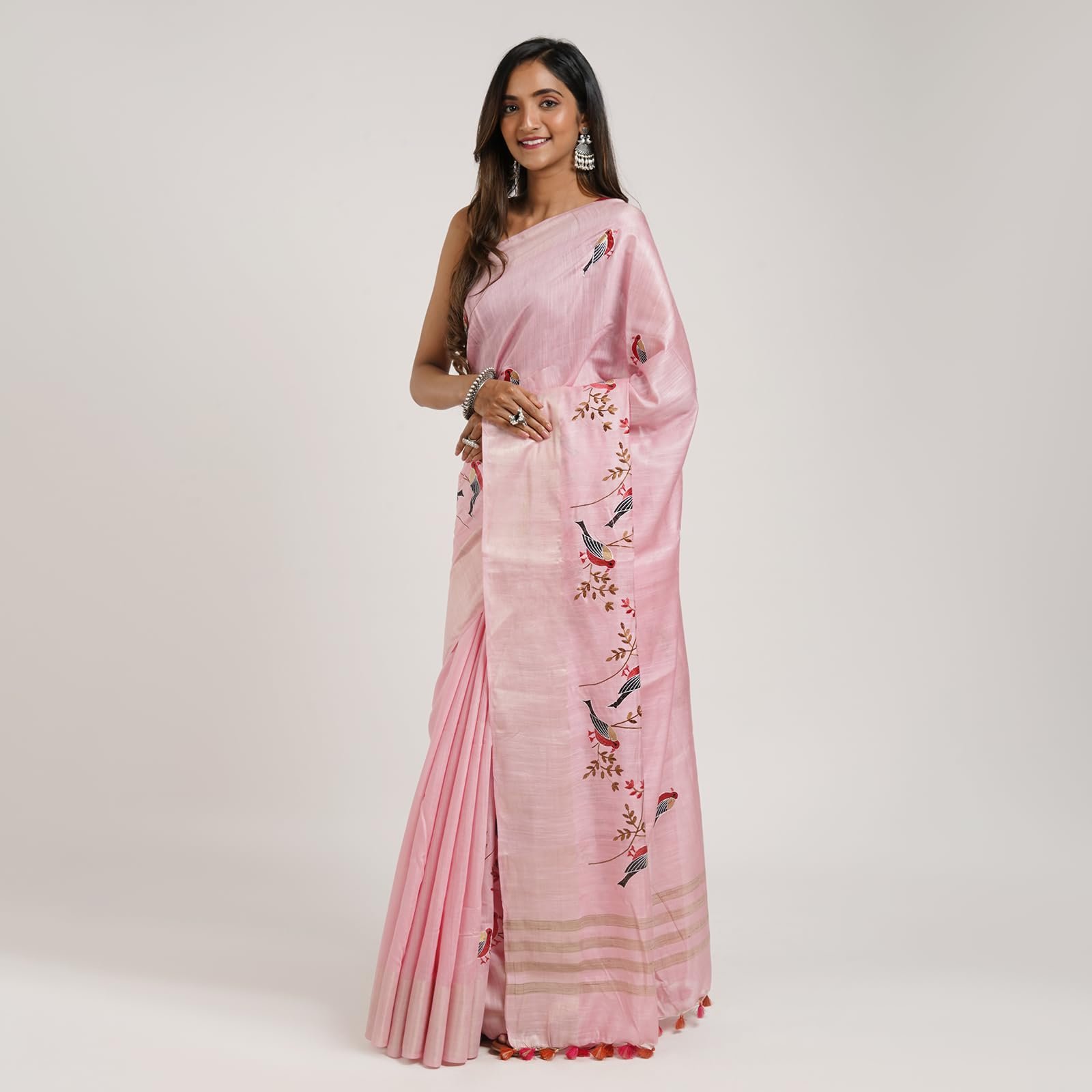 TEEJH Amolika Pink Pure Silk Linen Saree With Blouse Piece - Image 2