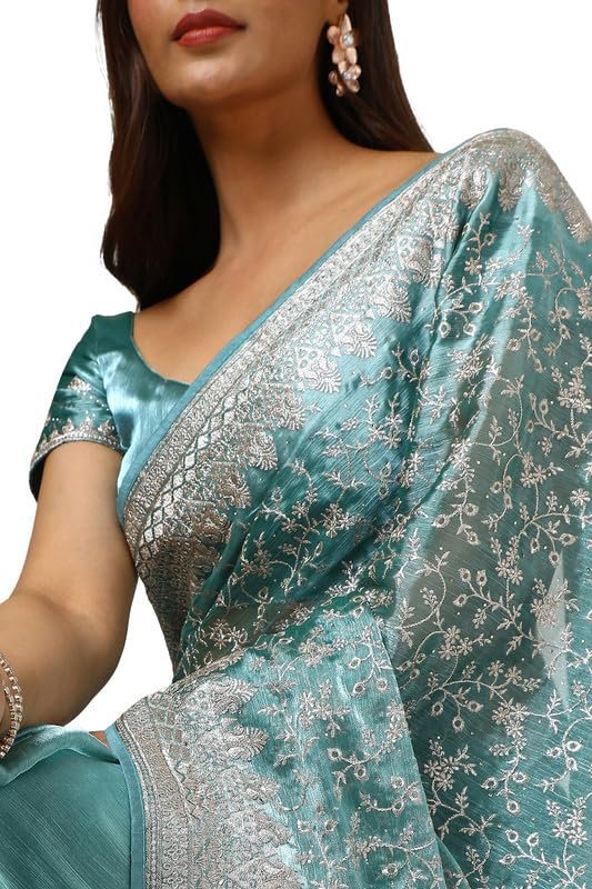 Soch Womens Teal Organza Embroidered Saree With Stone Work - Image 5
