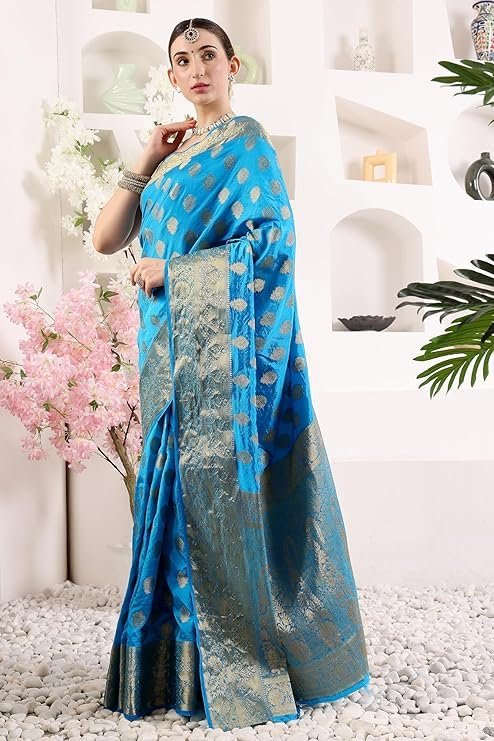 Simnder Women's Banarasi Silk Blue Leaf Print Saree With Golden Zari Work With Blouse Piece | Banarasi Wedding Silk Saree For Women | Bridal Sarees (Blue, Leaf Print) - Image 5