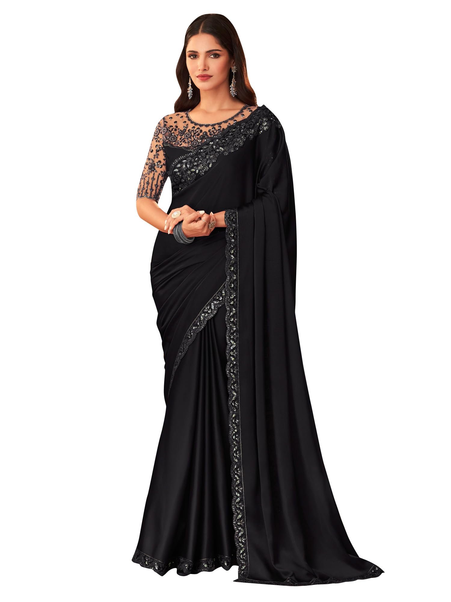AKHILAM Women's Black Pure Chiffon Embroidered Saree With Unstitched Blouse (SILVER902I_TFH)