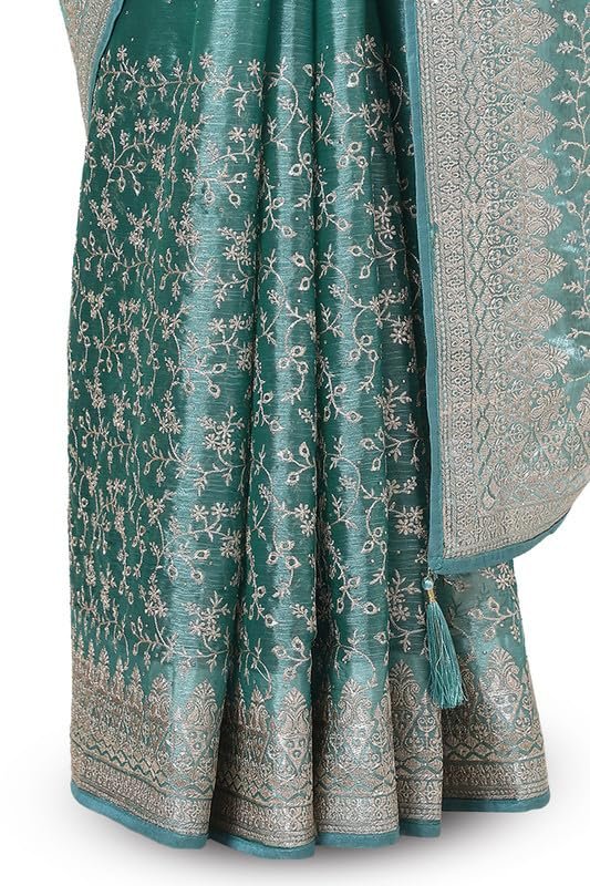 Soch Womens Teal Organza Embroidered Saree With Stone Work - Image 4