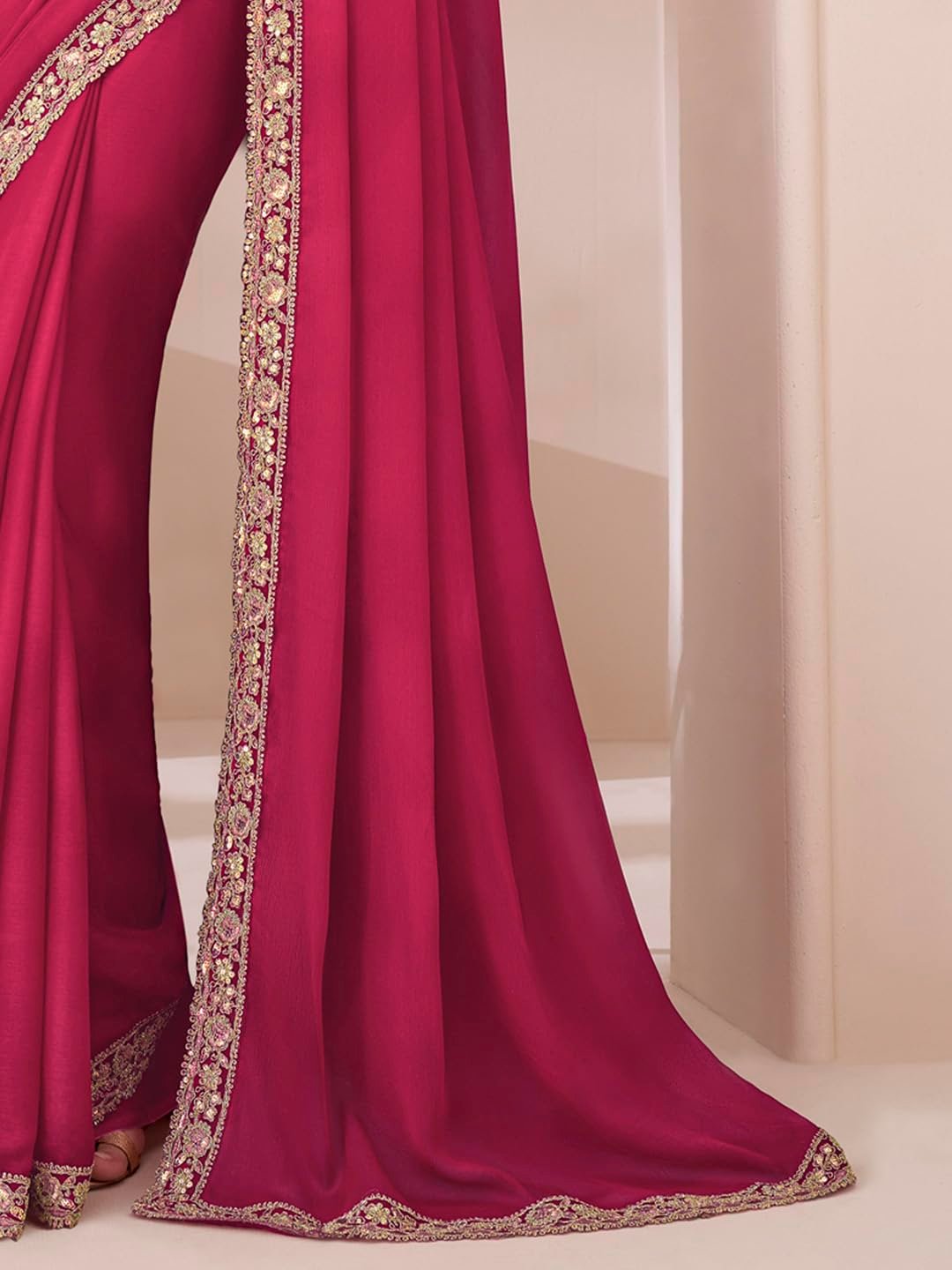 AKHILAM Women's Pink Pure Chiffon Embellished Saree With Unstitched Blouse (SNDLWOD1312_TFH) - Image 3