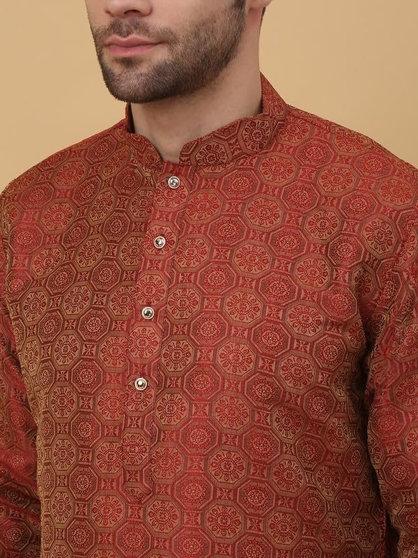 KRAFT INDIA Men's Silk Blend Jacquard Bandhani Maroon Kurta Only (Size- Large) - Image 5