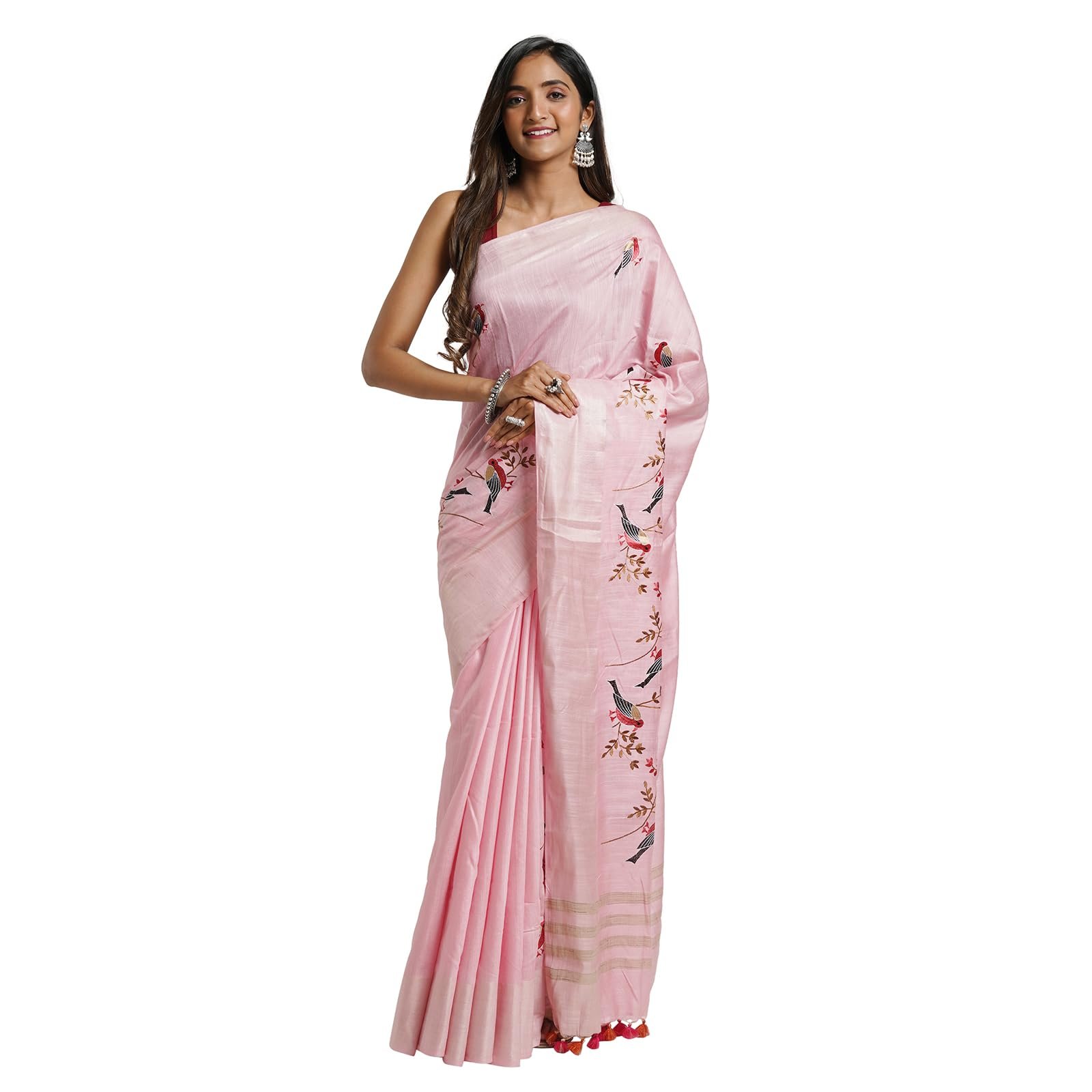 TEEJH Amolika Pink Pure Silk Linen Saree With Blouse Piece