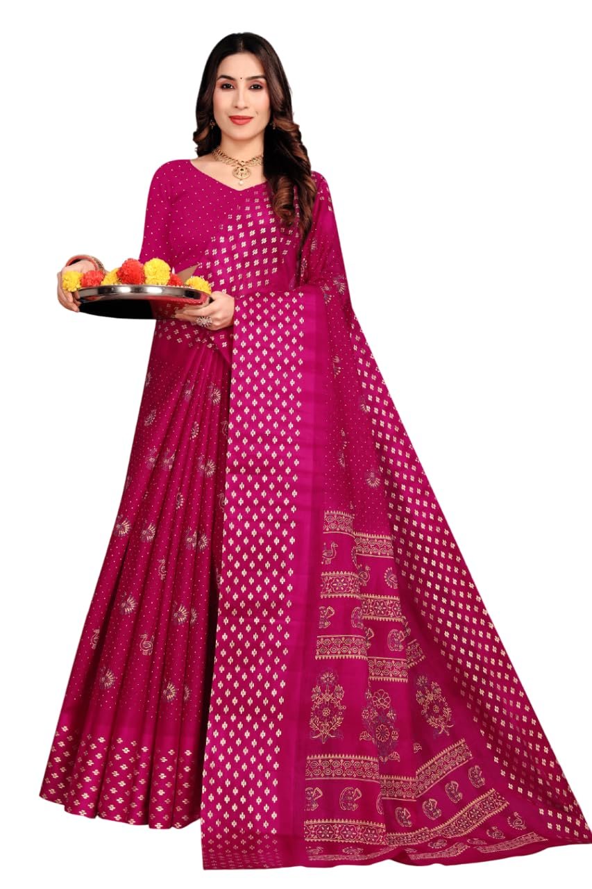 Karishma Sarees Butti Motif Design Gold Printed Festive Cotton Saree (Pink)
