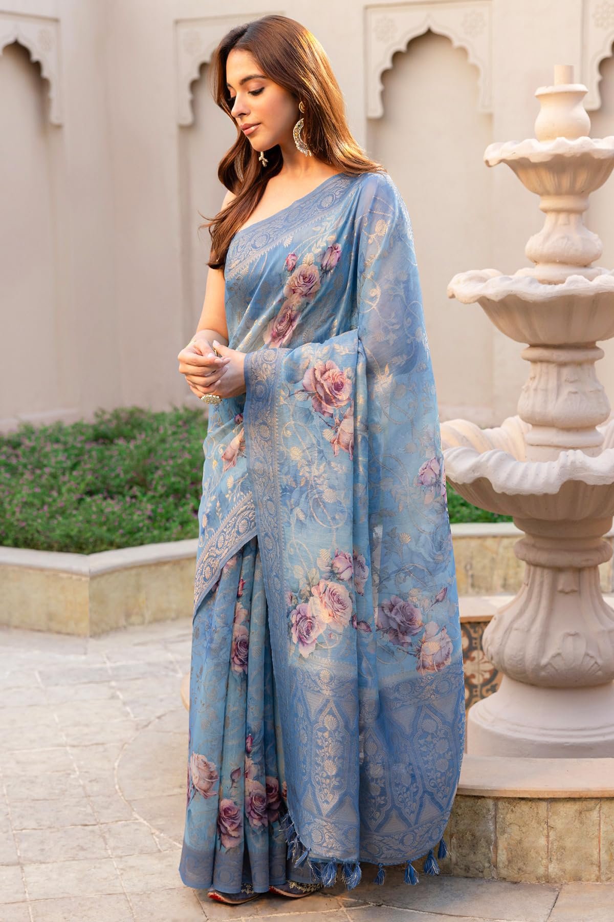 Soch Womens Powder Blue Chanderi Floral Print Saree With Zari Woven - Image 6