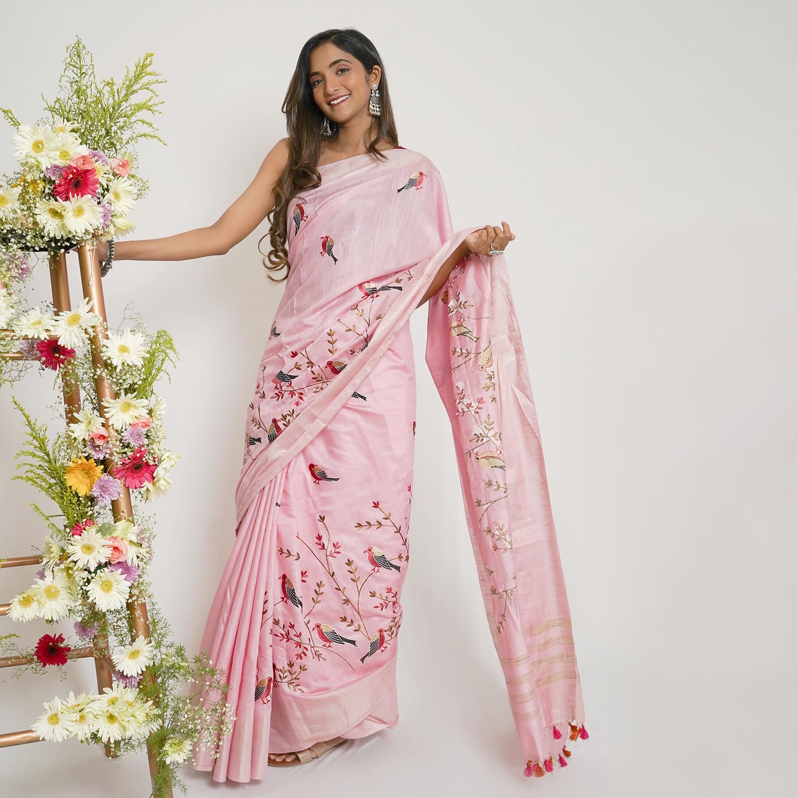 TEEJH Amolika Pink Pure Silk Linen Saree With Blouse Piece - Image 8