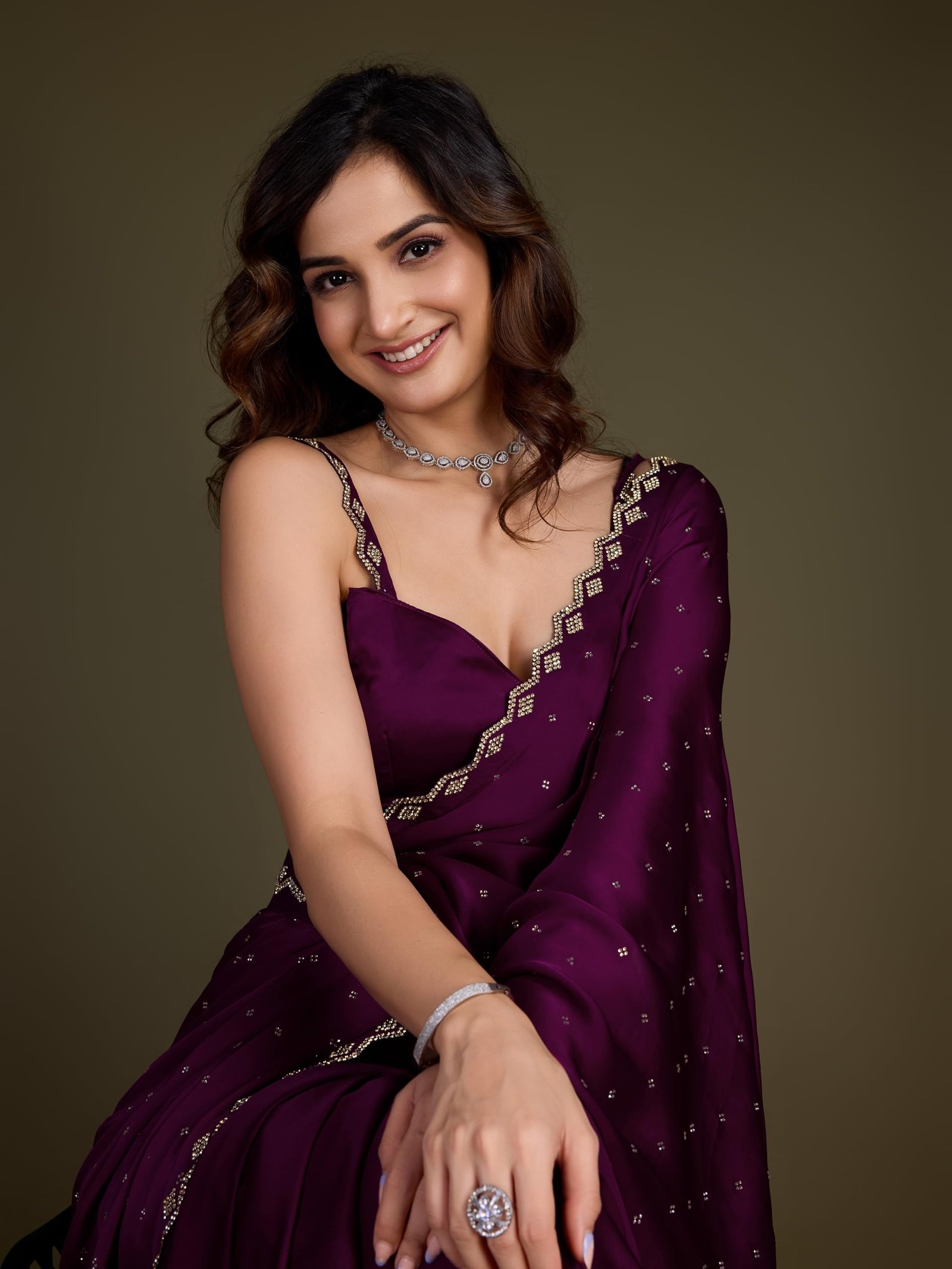 TRENDMALLS Women's Satin Silk Siroski Zarkan Work Saree with Unstitch Blouse Piece (K1102-Purple) - Image 8