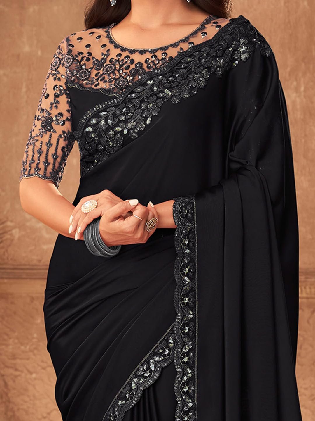 AKHILAM Women's Black Pure Chiffon Embroidered Saree With Unstitched Blouse (SILVER902I_TFH) - Image 5