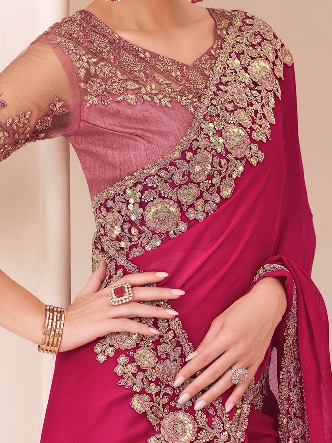 AKHILAM Women's Pink Pure Chiffon Embellished Saree With Unstitched Blouse (SNDLWOD1312_TFH) - Image 4