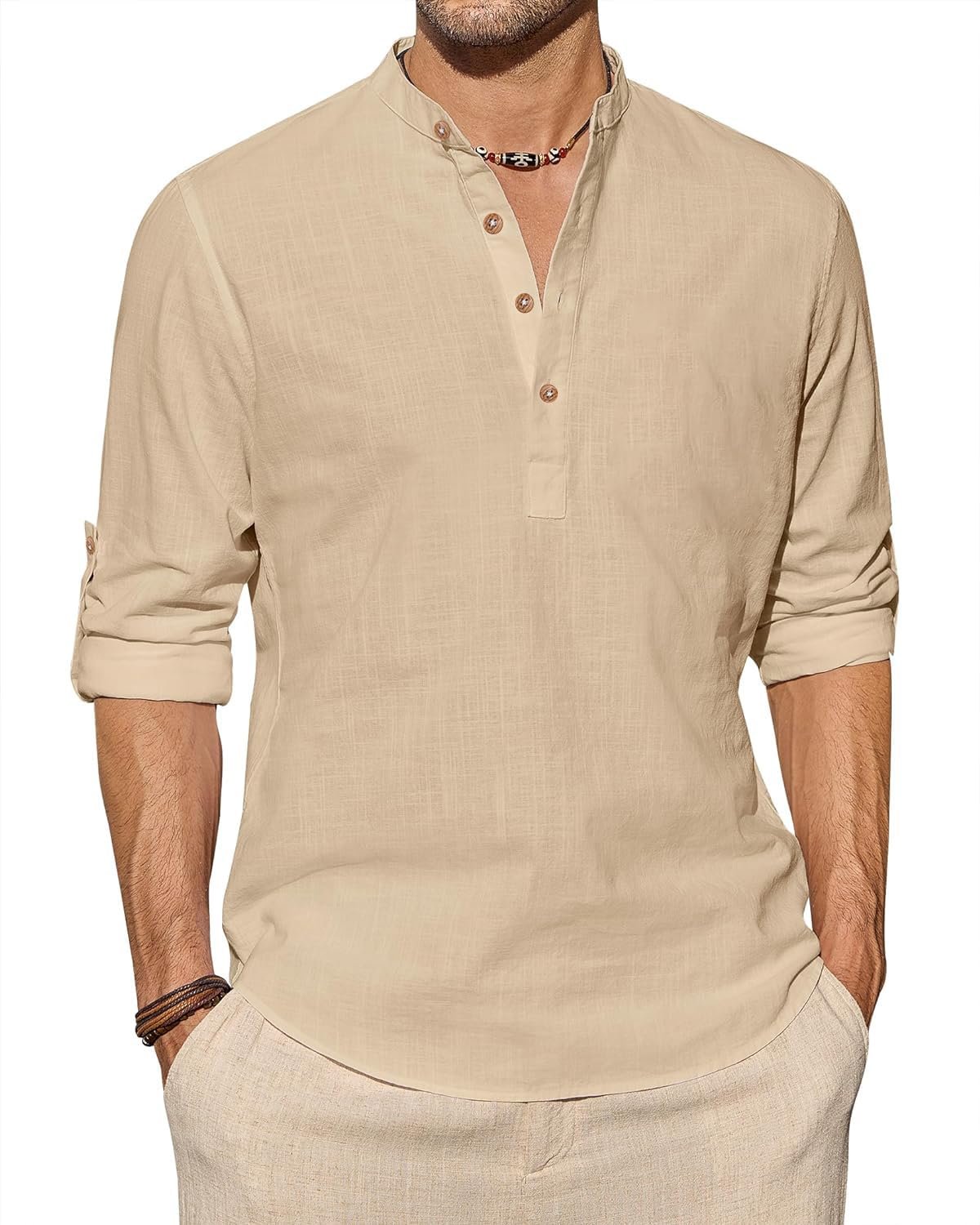 Vida Loca Beige Color Men Solid Cotton Blend Straight Kurta Shirt, Regular Fit
