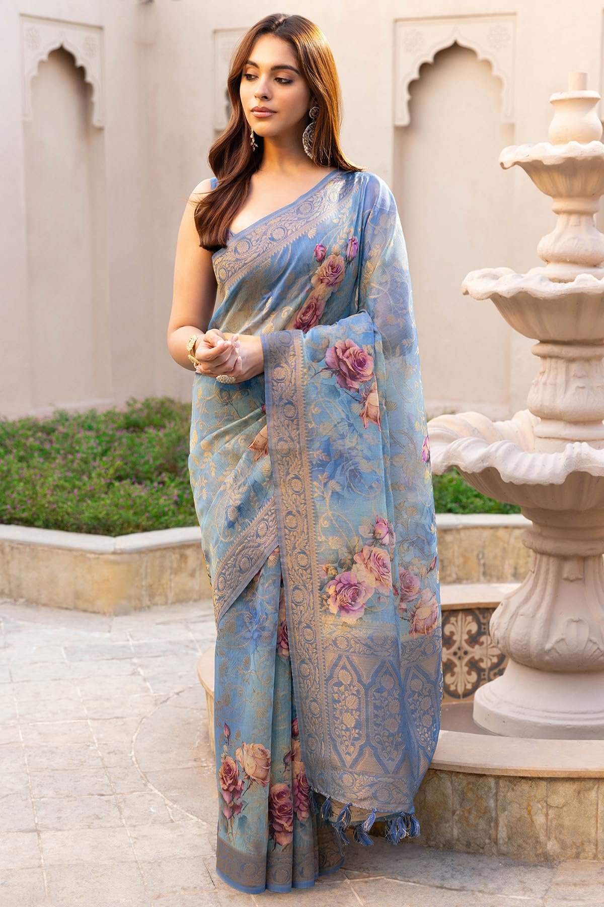 Soch Womens Powder Blue Chanderi Floral Print Saree With Zari Woven - Image 3