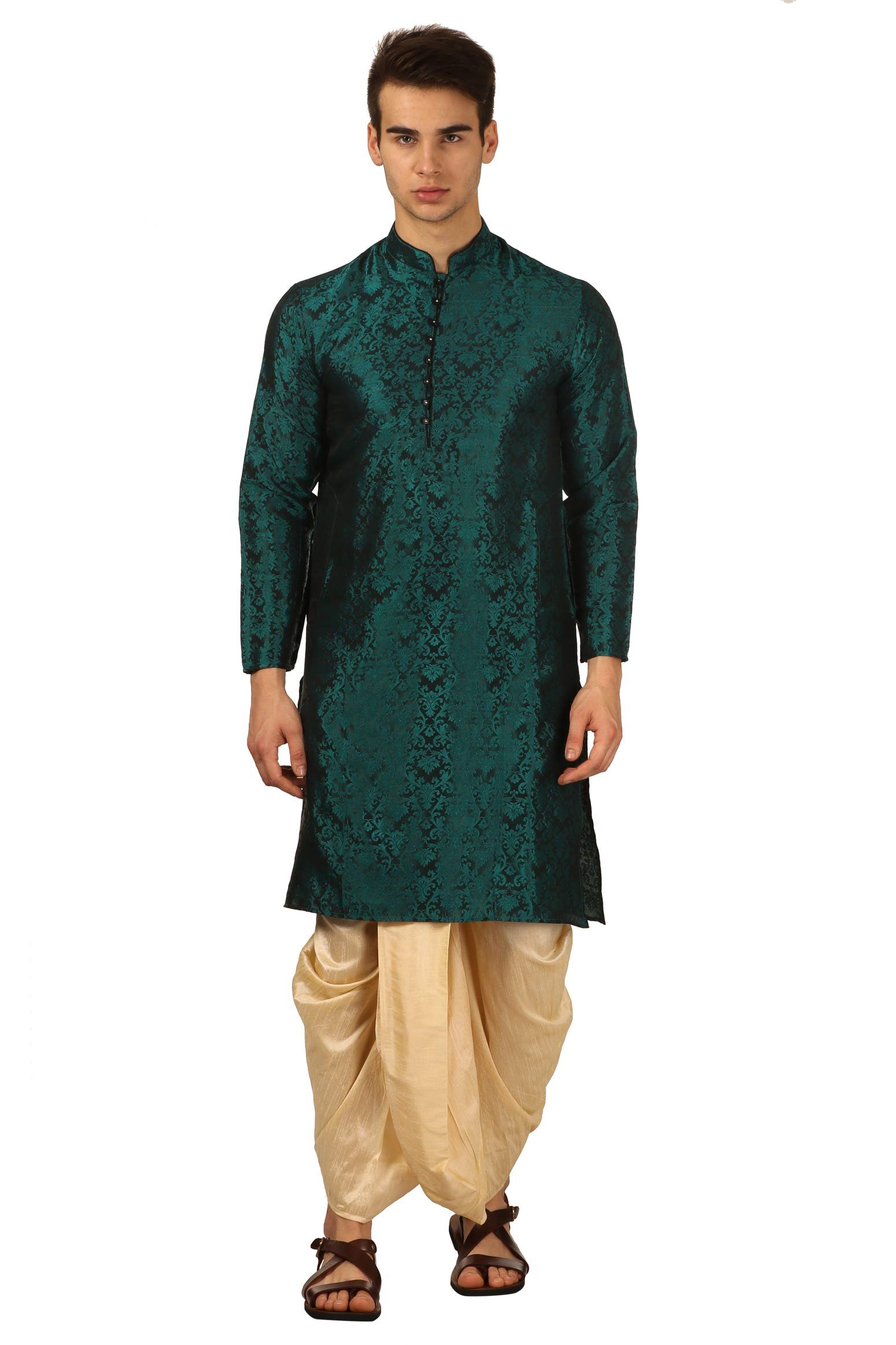 Royal Kurta Mens Jacquard Silk Printed Kurta And Dhoti Pant (40, Green)