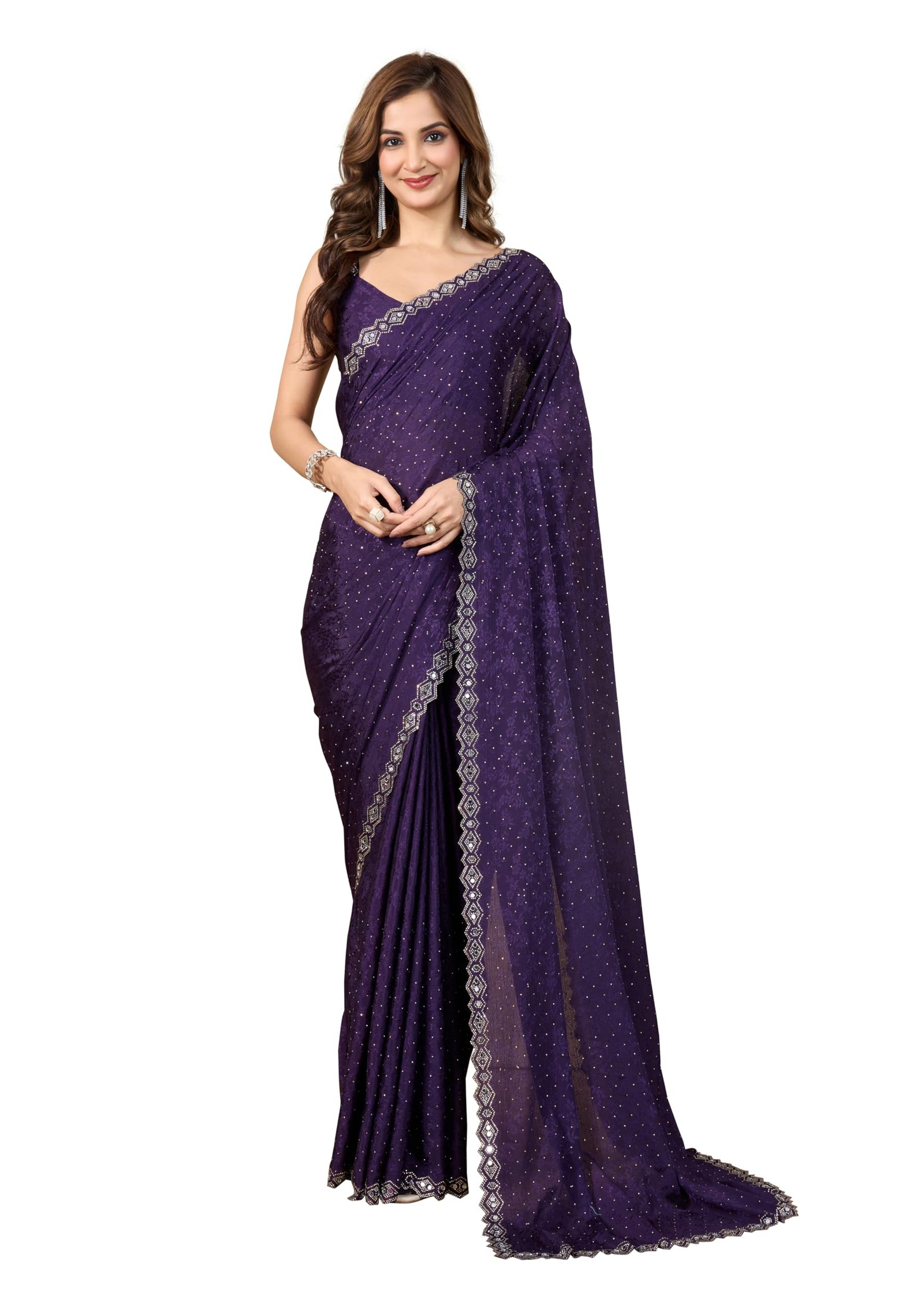 TRENDMALLS Women's Art Silk Siroski Mirror Work Saree with Unstitch Blouse Piece (K1156-Purple)