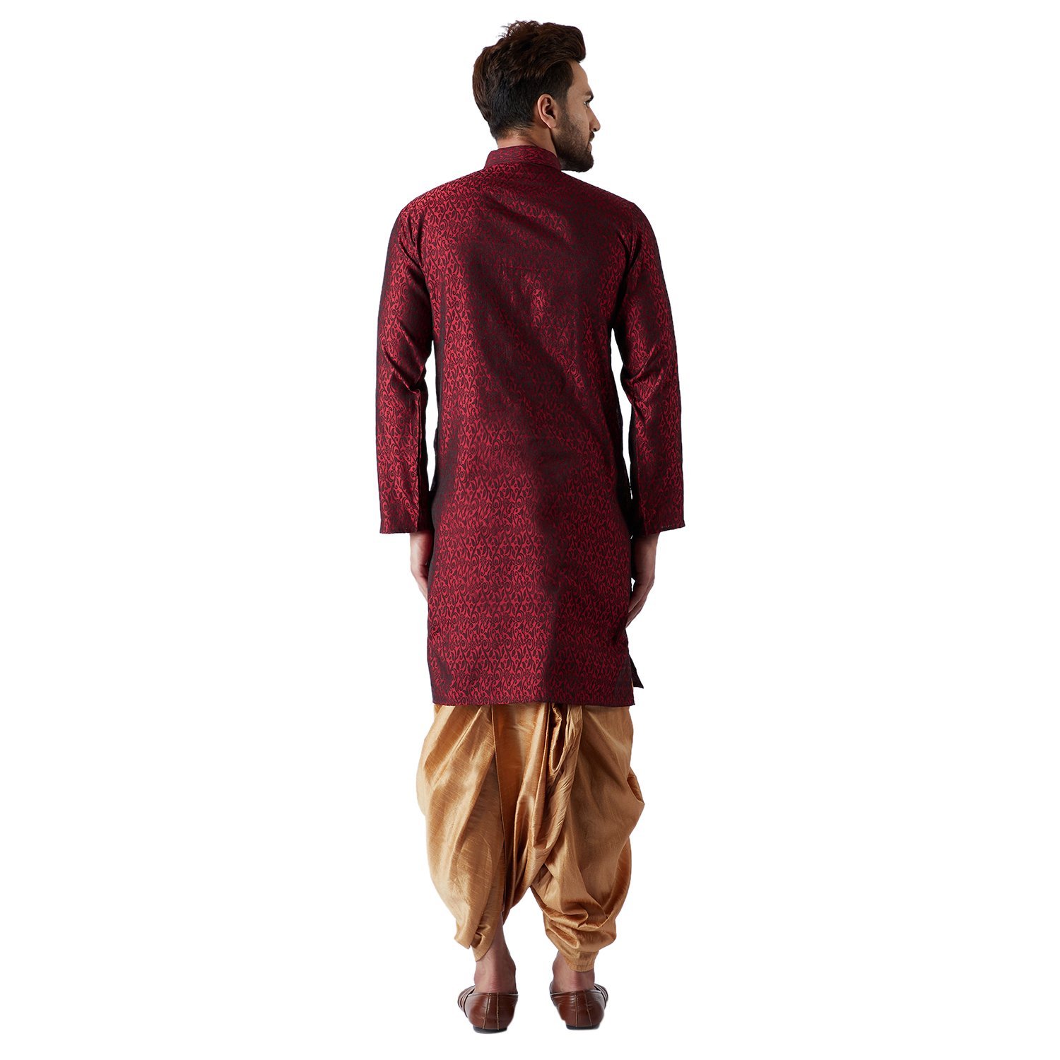 SOJANYA (Since 1958, Men's Maroon & Gold Silk Blend Kurta & Dhoti Set, Size: M - Image 4