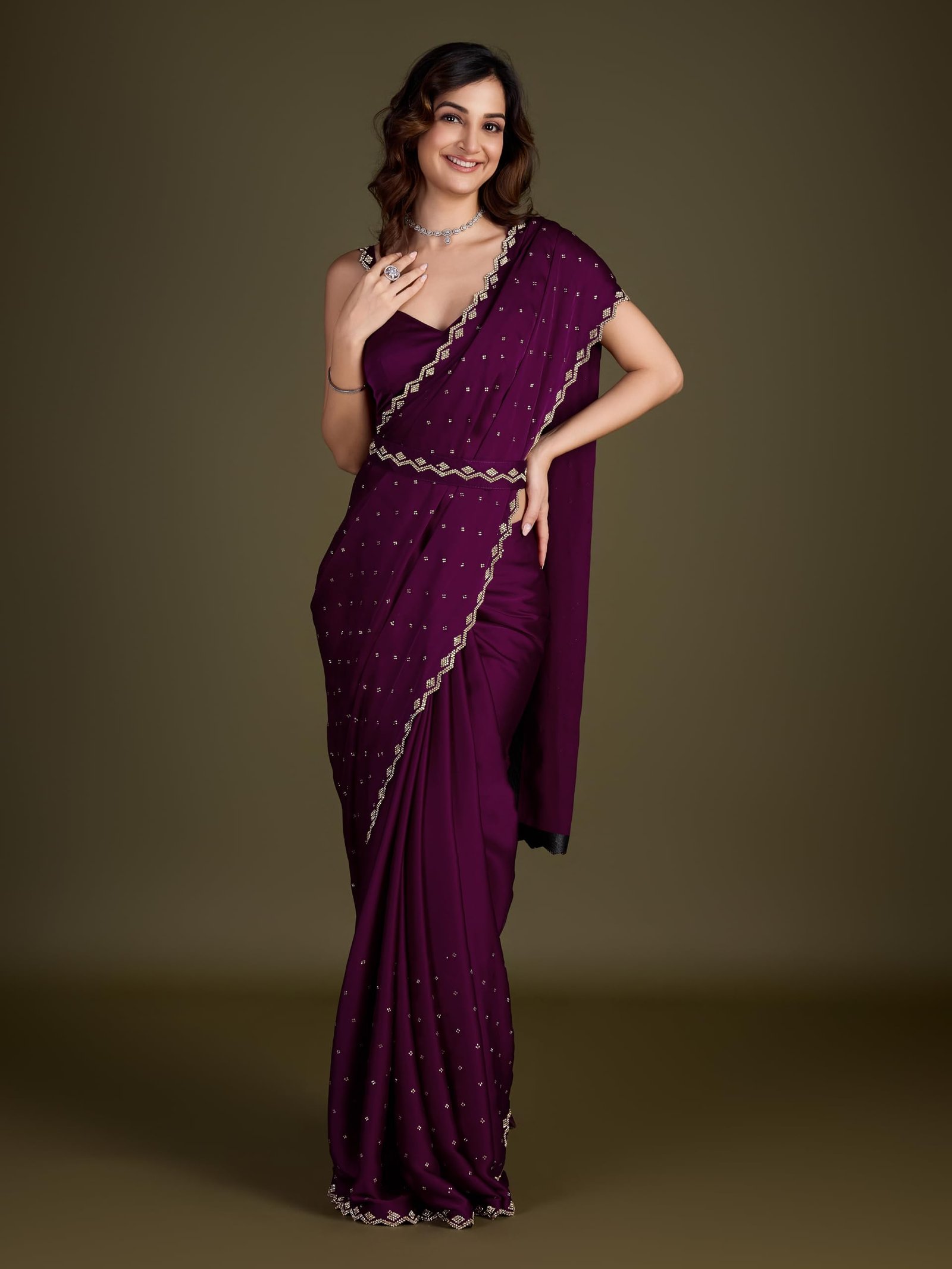 TRENDMALLS Women's Satin Silk Siroski Zarkan Work Saree with Unstitch Blouse Piece (K1102-Purple) - Image 3