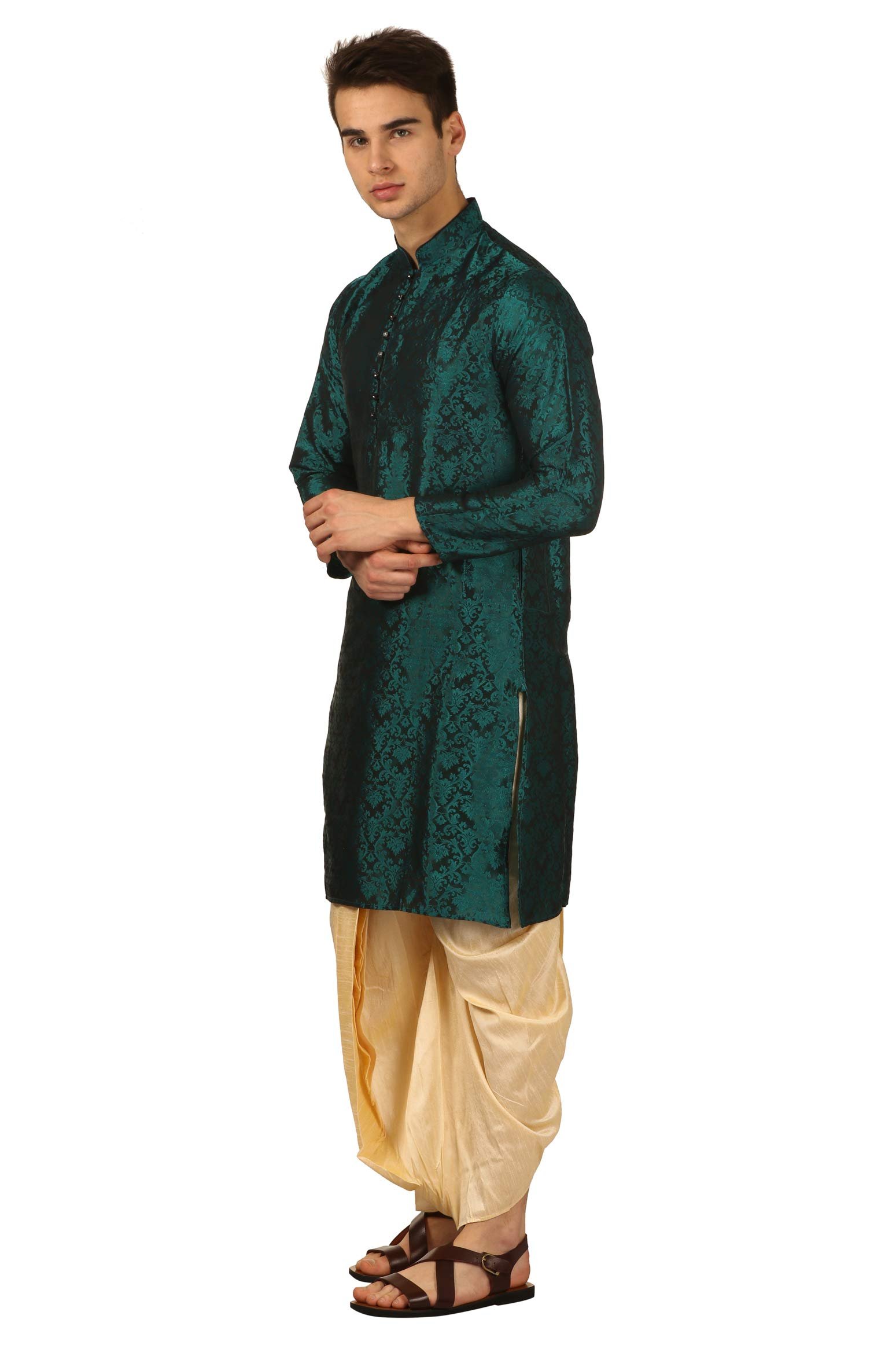 Royal Kurta Mens Jacquard Silk Printed Kurta And Dhoti Pant (40, Green) - Image 5