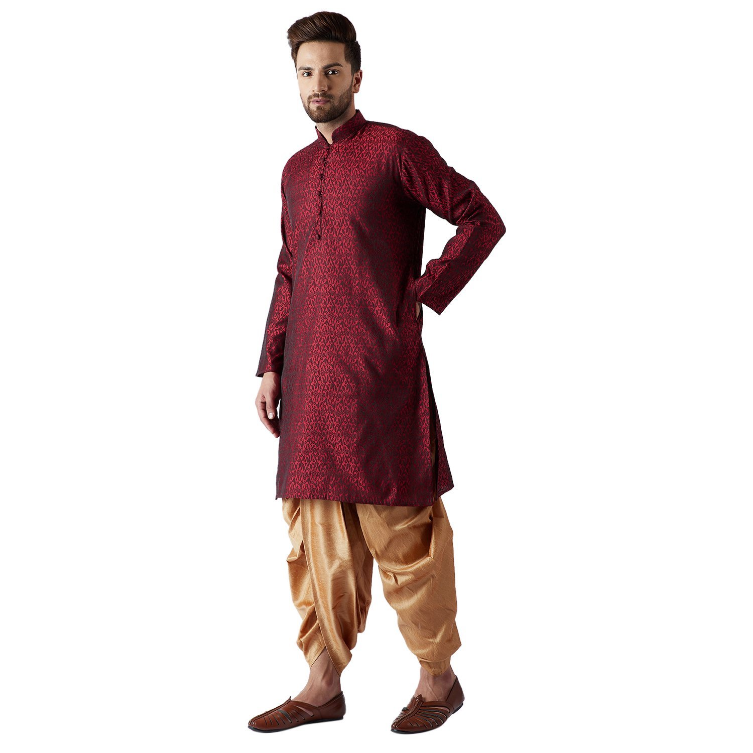 SOJANYA (Since 1958, Men's Maroon & Gold Silk Blend Kurta & Dhoti Set, Size: M - Image 5