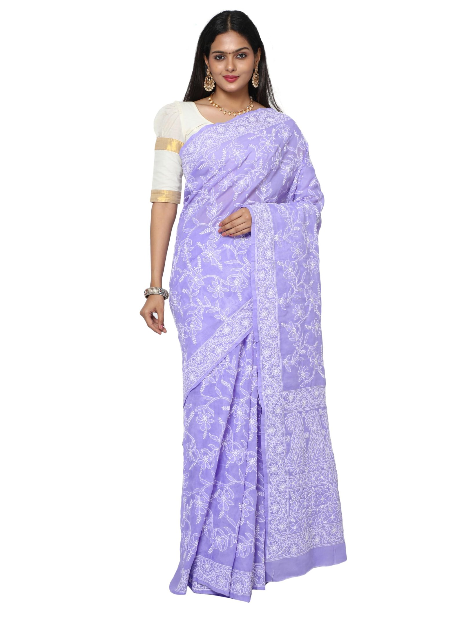 HerClozet Lucknow Chikankari Pure Cotton Saree for women 6.3 Mtr(Lavender)