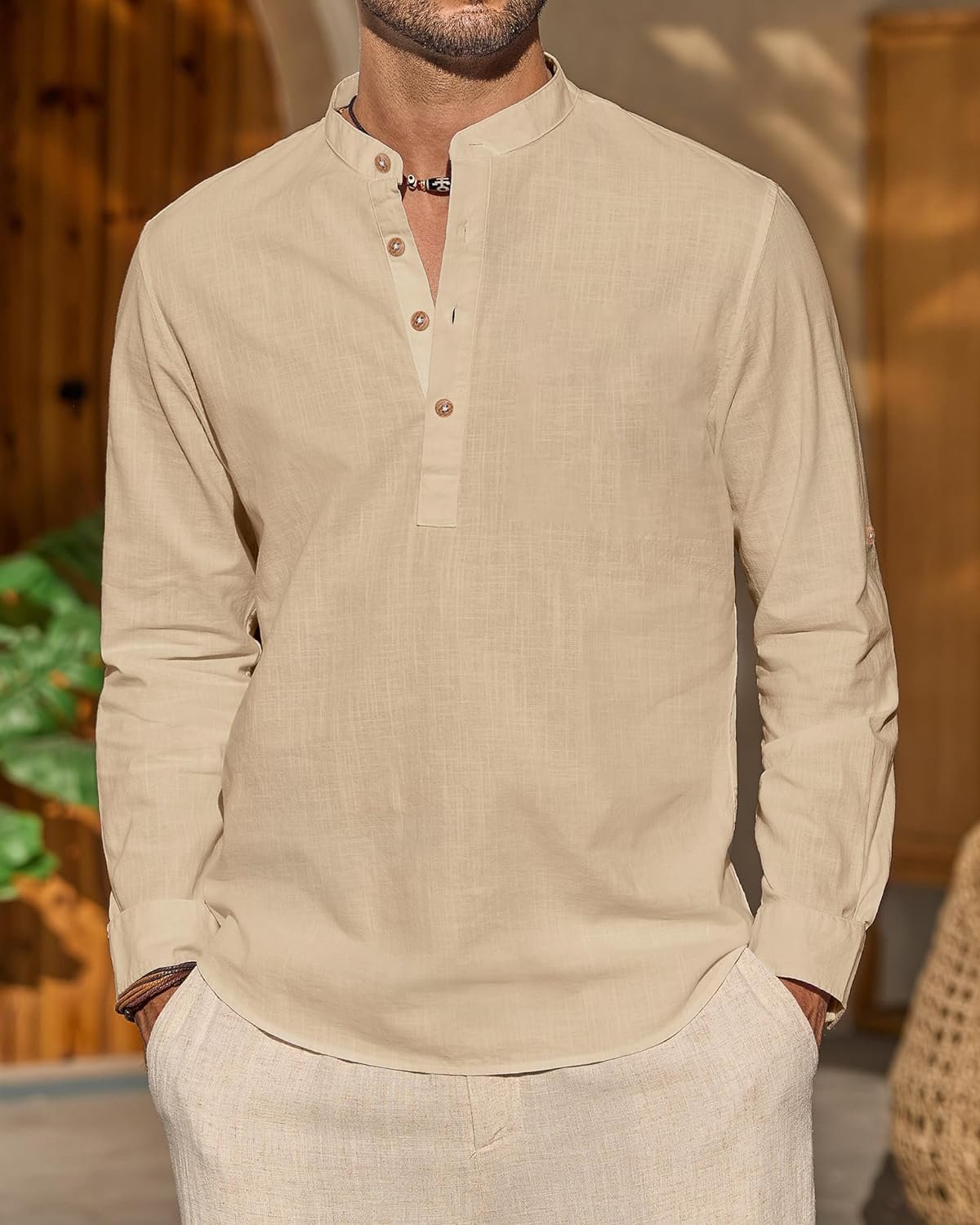 Vida Loca Beige Color Men Solid Cotton Blend Straight Kurta Shirt, Regular Fit - Image 5